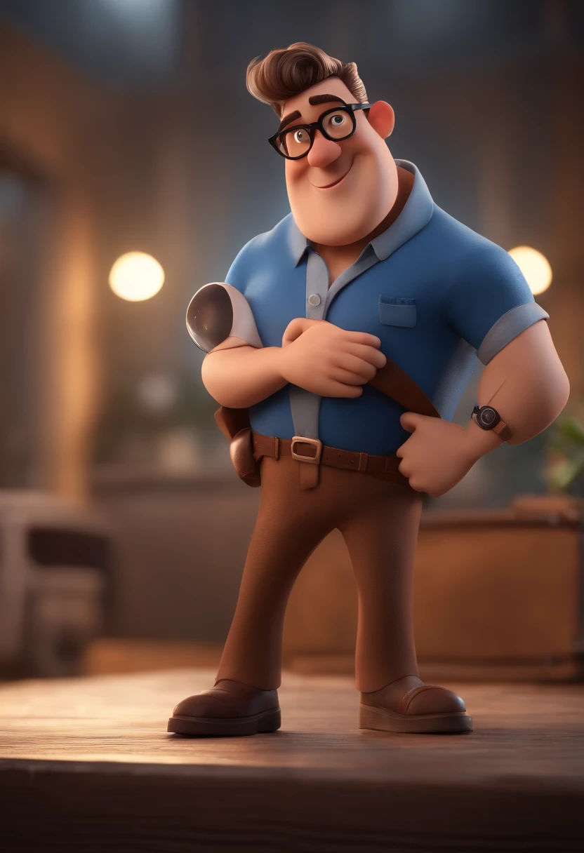 Cartoon character of a man with black glasses and a blue shirt, animation character, Caractere estilizado, animation style rendering, 3D estilizado, Arnold Maya render, 3 d render stylized, toon render keyshot, Personagem 3D, Personagem 3D, 3d rendering stylized, 3 d character render, personagem de desenho animado, Personagem de close up, Pose de personagem, (Estilo Pixar) (master part:1.2) (Bokeh) (best quality) (pele detalhada) (textura detalhada) (8k) (argila) (Cinematic lighting) (foco nítido