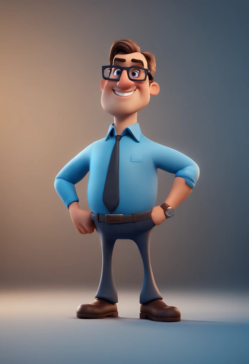 Cartoon character of a man with black glasses and a blue shirt, animation character, Caractere estilizado, animation style rendering, 3D estilizado, Arnold Maya render, 3 d render stylized, toon render keyshot, Personagem 3D, Personagem 3D, 3d rendering stylized, 3 d character render, personagem de desenho animado, Personagem de close up, Pose de personagem, (Estilo Pixar) (master part:1.2) (Bokeh) (best quality) (pele detalhada) (textura detalhada) (8k) (argila) (Cinematic lighting) (foco nítido
