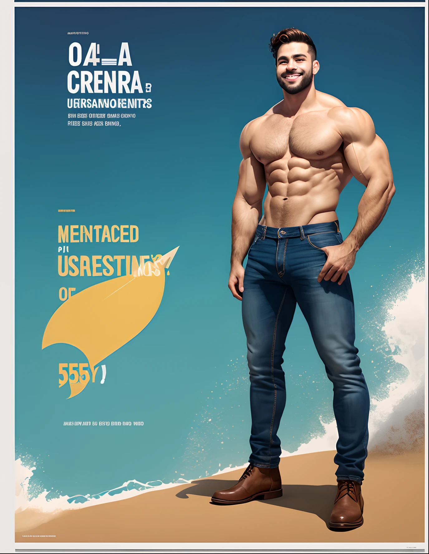 Cria poster estilo PIXAR, homem branco, 1,85cm de estatura, bonito,  ombros largos, Muscular yet athletic body, cabelo castanho claro, cabelo muito curto, cabelo assanhado na frente, barba castanho claro curtinha, rosto comprido, olhar penetrante, sorriso largo, olhos castanho, trabalhando em um oficina de marcenaria, usando ferramentas de marcenaria.