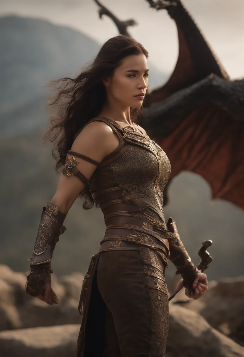 Best Quality, Masterpiece, Ultra High Resolution, (Realistic: 1.4), Weapon, Detailed Face, .1 Girl, Bow Weapon, whole Body, Sheath, (Absurd, High Resolution, Ultra Detailed), Asian, 1 female, eighteen-year-old girl, extremely big detailed eye, highly detail beautiful face, big tits, long wavy hair, dark brown eyes, and detailed face, Vintage Battle Ruby head Ornament, extremely detailed CG Unity 8k wallpaper, intricate details, (Style Swirl Magic: 0.7), Looking at the Audience, Solo, (Full Body: 0.8), Riding on armored flying dragon, She wields a formidable bow, Hands Pulling the bow and shooting arrows. Detailed Background, Detailed Face, Hair Fluttering in the Wind, Martial Artist, Dynamic Pose, Fighting Pose, Fingerless Gauntlet, Wristband, Dragon Themed Costume, Alpine Mountain Background, Rotating Floating Particles, Dynamic Composition, , Stone, Stone Background, Riding on armored flying dragon, shooting bow, outzoom view riding armored flying dragon holding bow