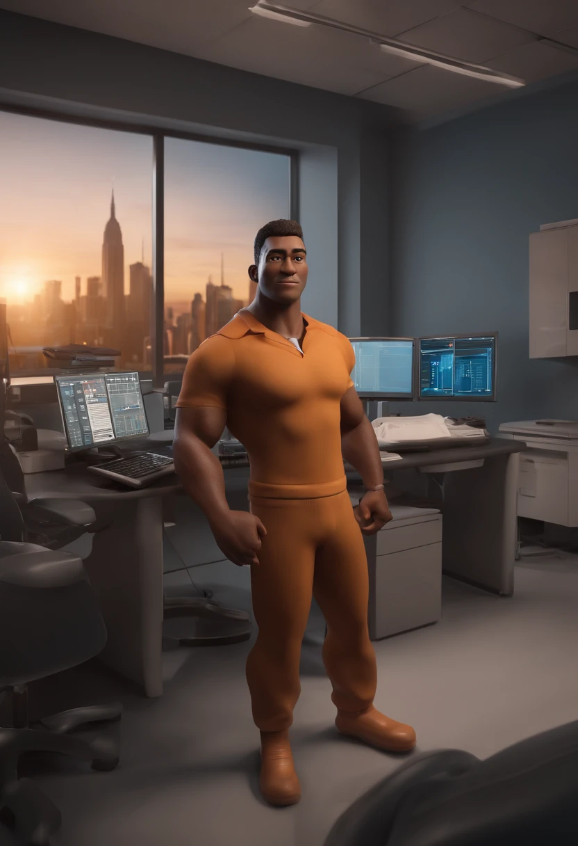 Personagens de desenho animado de cinco homem usando bota marrom e camisa cor palha , um personagem animado, in an office operating room with multiple screens of monitoring cameras on the wall , Caractere estilizado, animation style rendering, 3D estilizado, Arnold Maya render, 3 d render stylized, toon render keyshot, Personagem 3D, Personagem 3D, 3d rendering stylized, 3 d character render, personagem de desenho animado, Personagem de close up, Pose de personagem, (Estilo Pixar) (master part:1.2) (Bokeh) (best quality) (pele detalhada) (textura detalhada) (8k) (argila) (Cinematic lighting) (foco nítido，Senta e vaza a parte superior do corpo