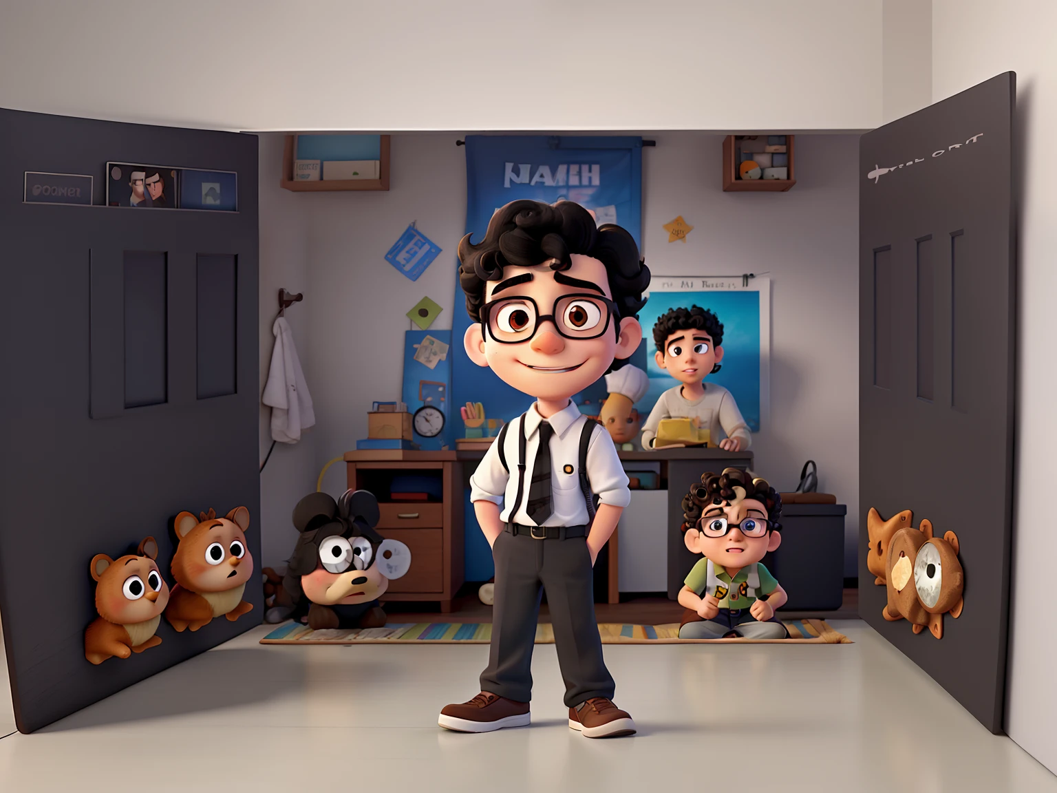 A white boy with glasses and curly black hair in front of a Disney pixar style horror movie poster