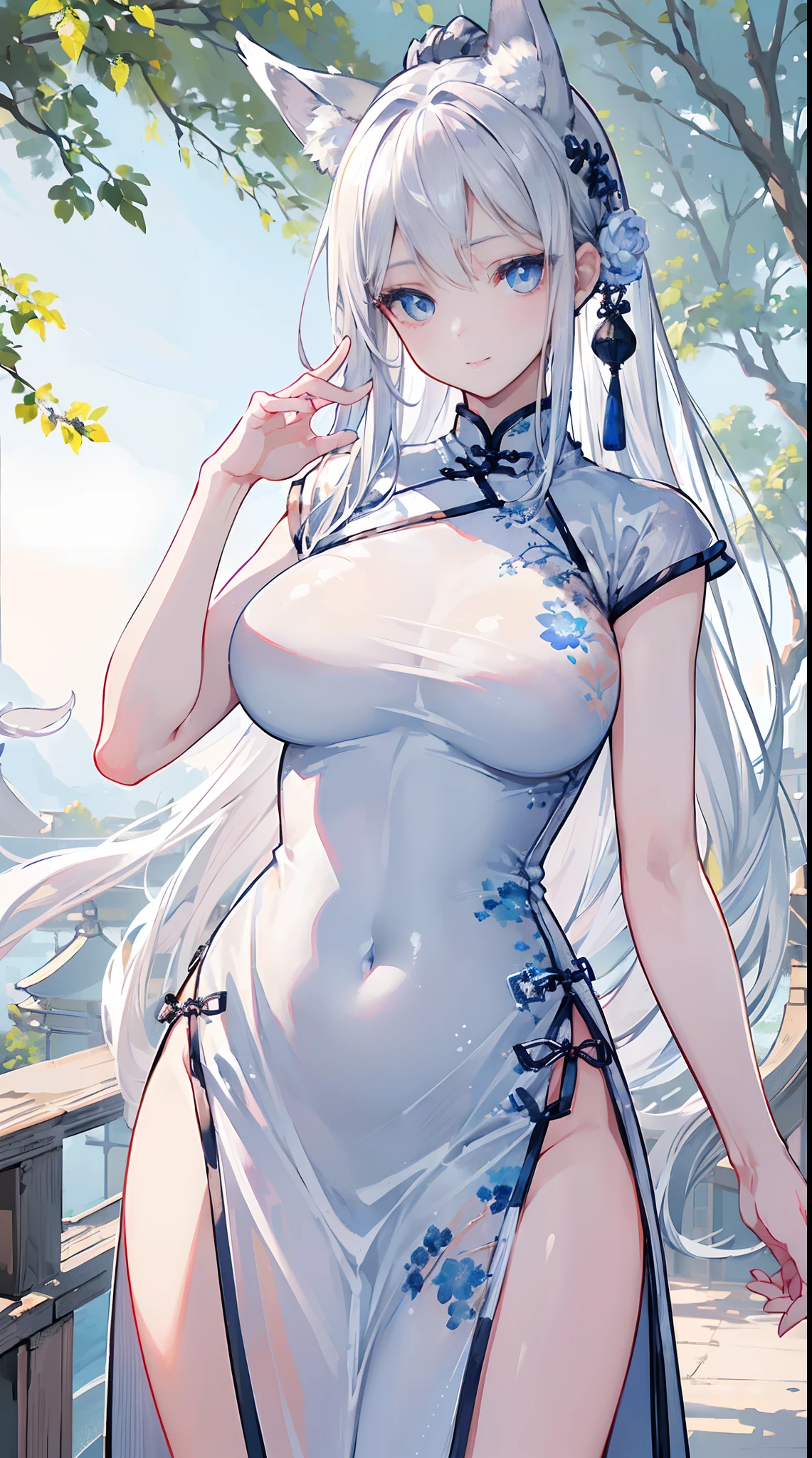 ((Masterpiece:1.2)), ((highest quality)), Highly detailed and delicate illustration style, detailed skin texture, detailed cloth texture, detailed wood texture, (Ultra High Resolution), super fine illustration, highly detailed face, raw photo, professional, ultra-fine painting, sexy, perfect anatomy, real, (Solo), (Beautiful and cute silver fox woman or fox girl), ((beautiful silver fox ears)), (beautiful silver fox tail), beautiful normal breasts, blue hair ribbon, (beautiful and shiny silver hair), (beautiful clear blue eyes), (detailed and beautiful eyes:1.6), (China dress:1.6), Smile, ((Standing and looking at me)), daytime, on the street, in the shade of a tree, (8K highest quality wallpaper), (Highly detailed and delicate background)