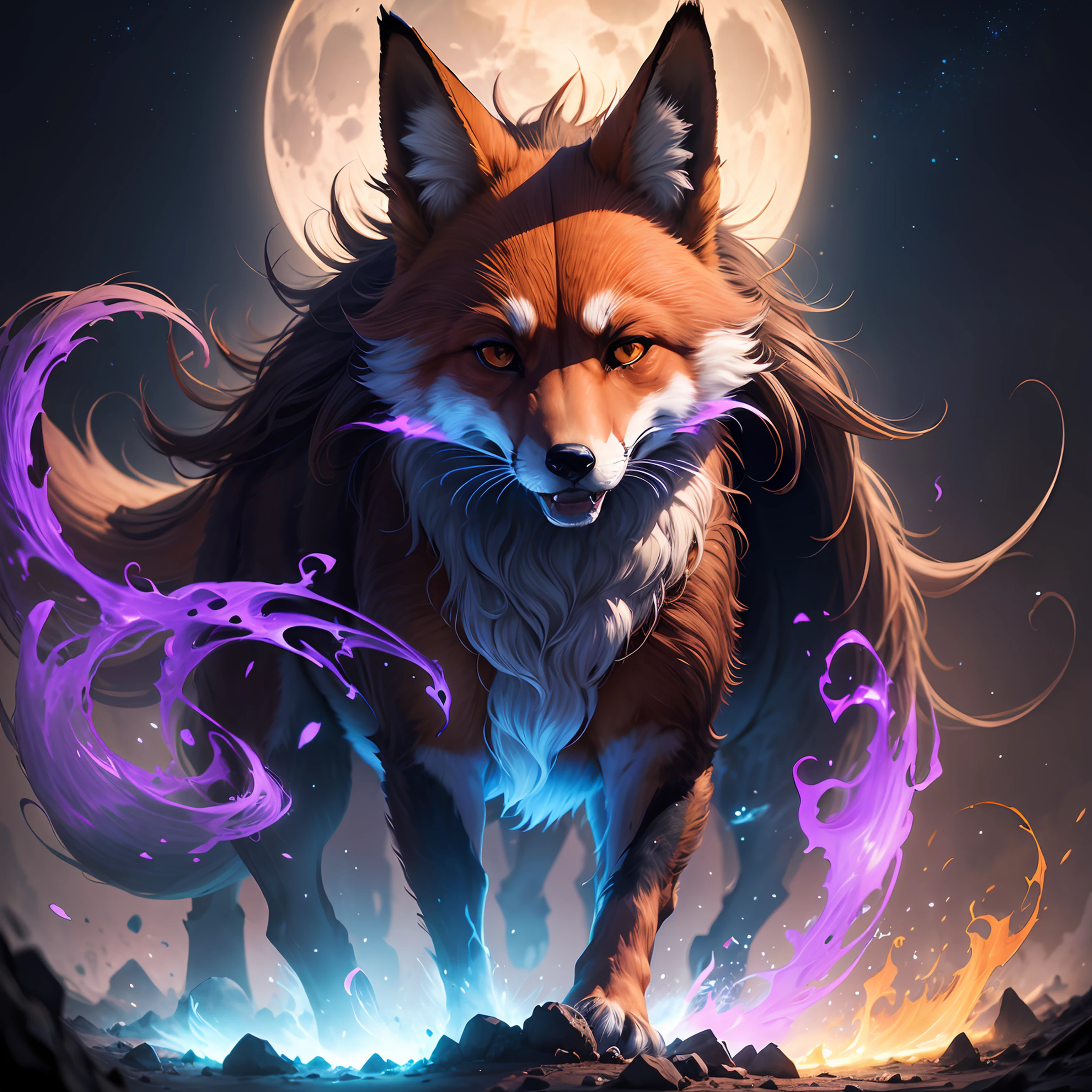 ((Shapeshifter vermelho escuro druida Mage Fox)) (((obra-prima))), ((melhor qualidade)), (alta resolução), fotorrealista, professional lighting, Vibrando, Realistic proportions, animal, raposa selvagem,floresta arruinada, cores escuras, vaga-lumes, contraste, textura, Realismo, alto qualidade, Chinelos Shadon, efeito magico roxo voando entornodos personagens,armadura olhos de cristal, magic effects, noite, Big moon in the sky --auto