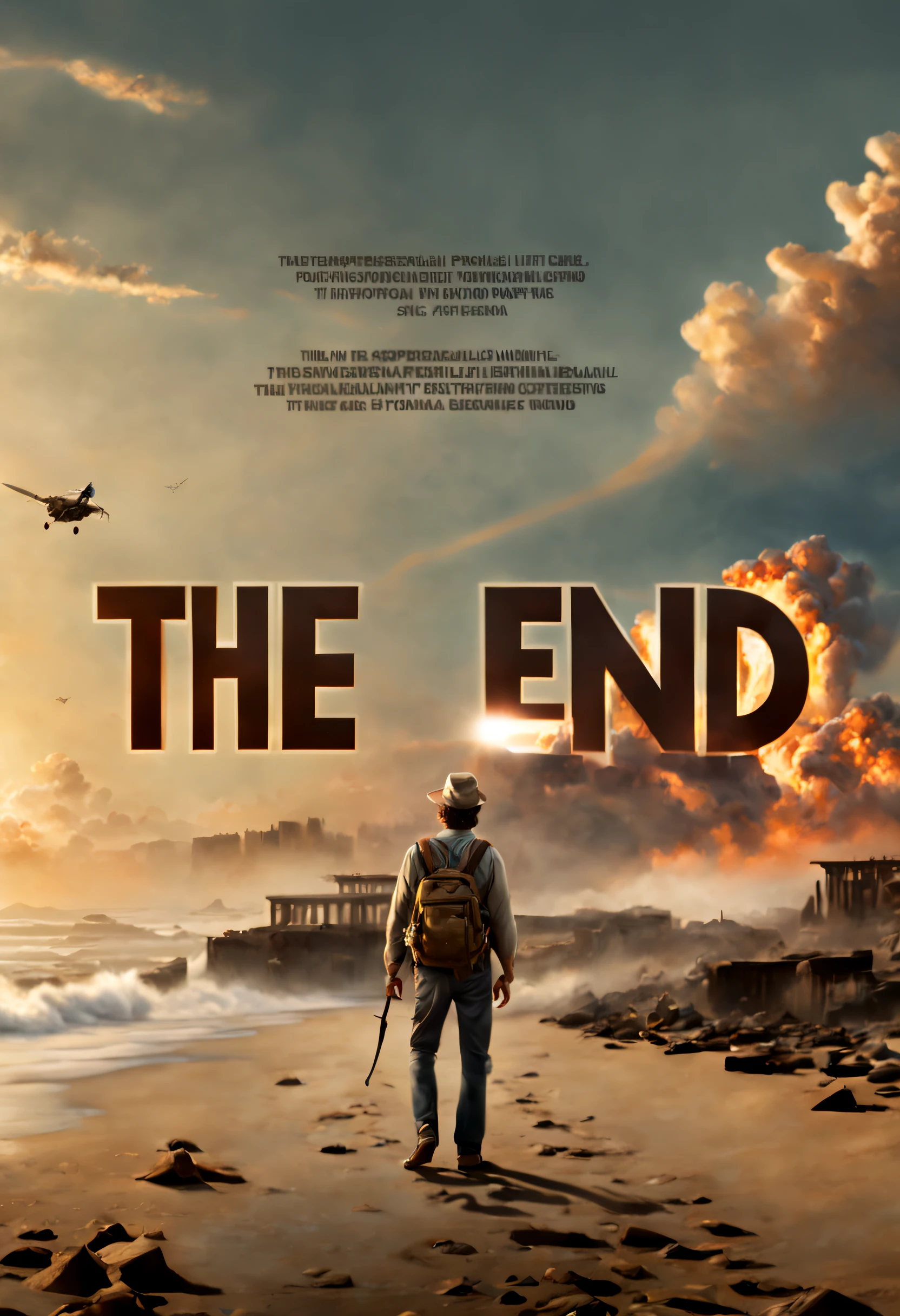 (best quality, 4k, 8k, high resolution, masterpiece: 1.2), ultra detailed, (realistic, photorealistic, photorealistic: 1.37), poster of the movie titled “The End”, by Steven Spielberg, lyrics of the title and credits