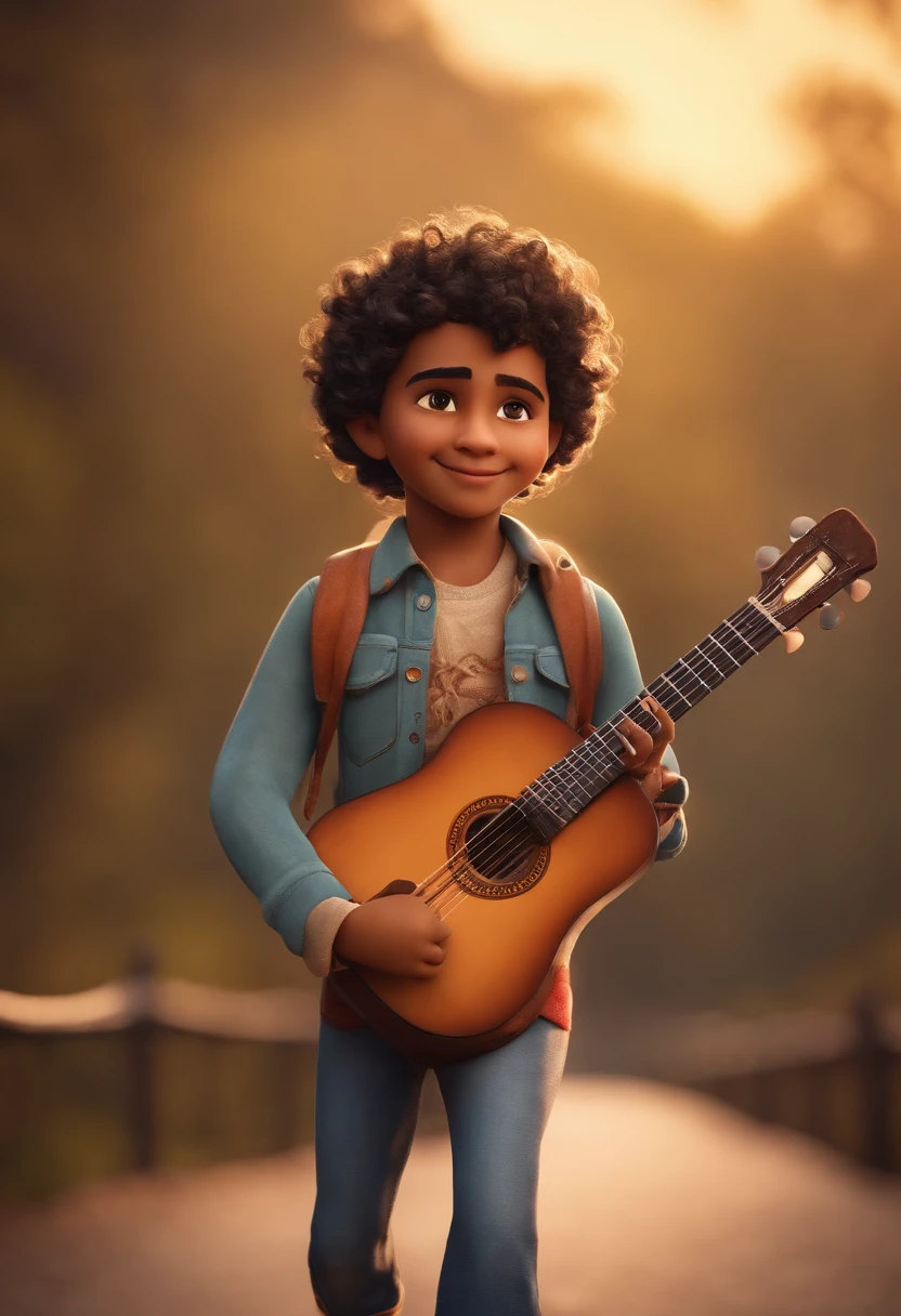 crie um banner no estilo Pixar. A boy with Indian features, moreno pardo com cabelos curtos, Castanhos escuros, Curly and slightly grayish appearance, mas jovem, usando uma camiseta, Wearing jeans and holding a classical guitar with 7 strings.
