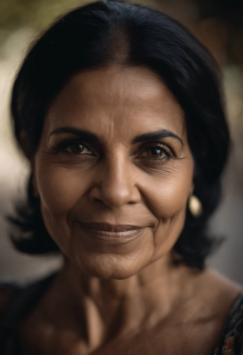 Portrait of a 50-year-old Brazilian woman, straight shoulder-length black hair, black eyes, slightly slanted, brown skin, friendly face