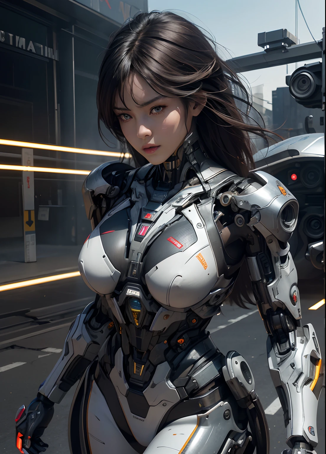 Textured skin, Super Detail, high details, High quality, Best Quality, hight resolution, 1080p, hard disk, Beautiful,(cyborgs),beautiful cyborg woman,Mecha Cyborg Girl,Battle Mode,Girl with a Mecha Body,Able to launch missiles from the chest,You can shoot a machine gun from both hands