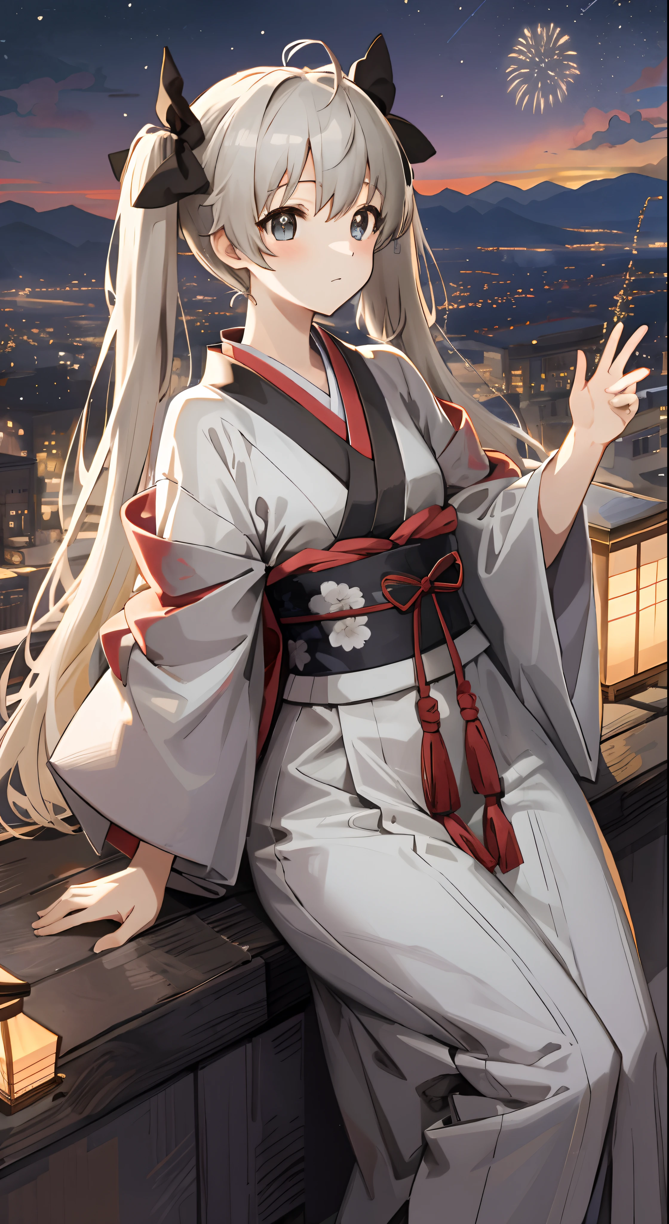 (Masterpiece,best qualtiy,A high resolution:2),1girl,high school senior,white skinned,Gray-black pupils,twintails,komono,Japanese kimono,Delicate face,Fireworks festival,Mountaintop Observation Deck,hilltop,Vast night sky background,the night,The environment is dim,Sora Kasugano,Animated illustration style,pixiv popular,depth of fields,Cowboy shooting,Full body in camera,16K,8K,High Picture Quality,High pixel ratio