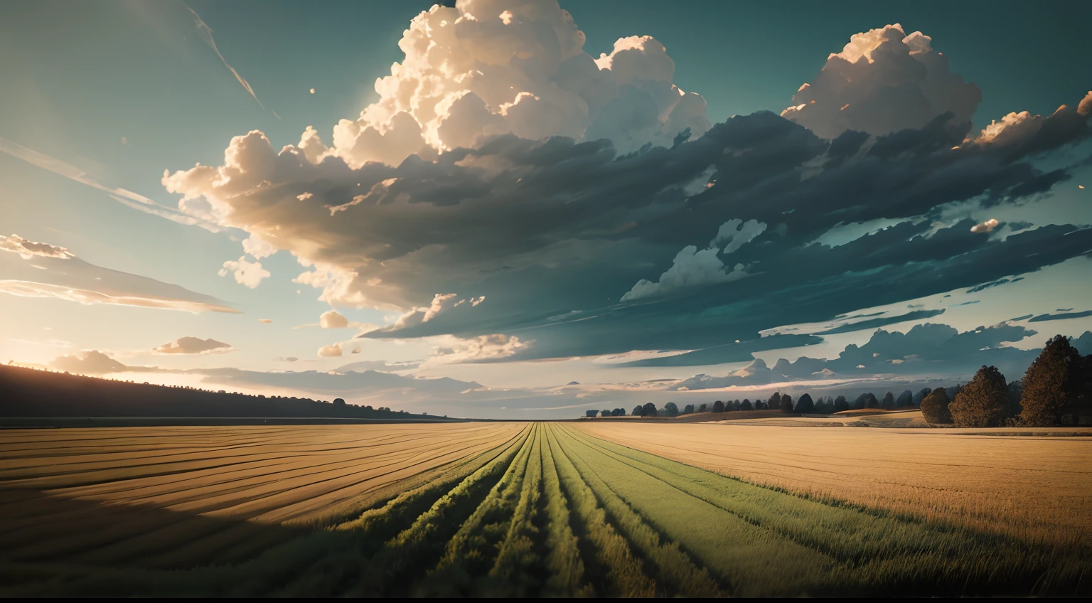 field scene with a green sky adorned with white clouds, hovering brown earth plowed. 8k, photorealistic, hyper-detailed, hdr, uhd, Pay particular attention to the vibrant colors and textures of the field, as well as the play of light and shadow in the sky.