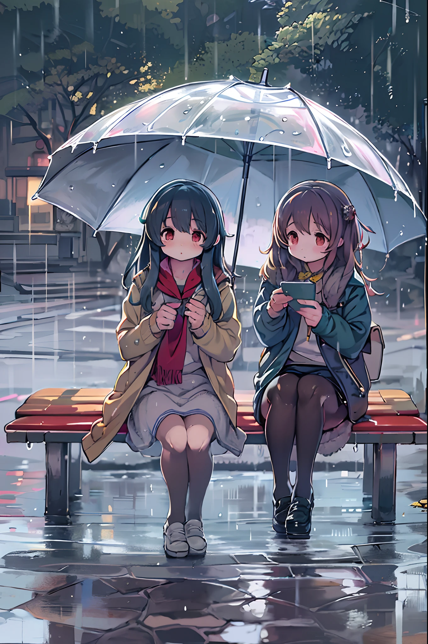 Two girls,under the rain、Anime characters sitting on a bench under an umbrella, Sateen!, Sateen!!, Kantai Collection Style, Sateen!!!, after rain and no girl, kawacy, anime style 4 k, In the rain, It's raining outside, anime moe art style, under rain, Cute art style, rainy day, Trending on ArtStation pixiv, official artwork,red blush、lesbian