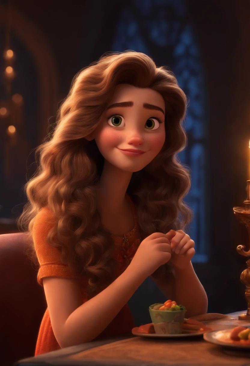 Um filme inspirado na Disney Pixar (MENINA BRANCA JOVEM COM CABELO LONGO ONDULADO PRETO) dentro A cena estar na arte distinta do estilo PIXAR, descolada e estilosa
