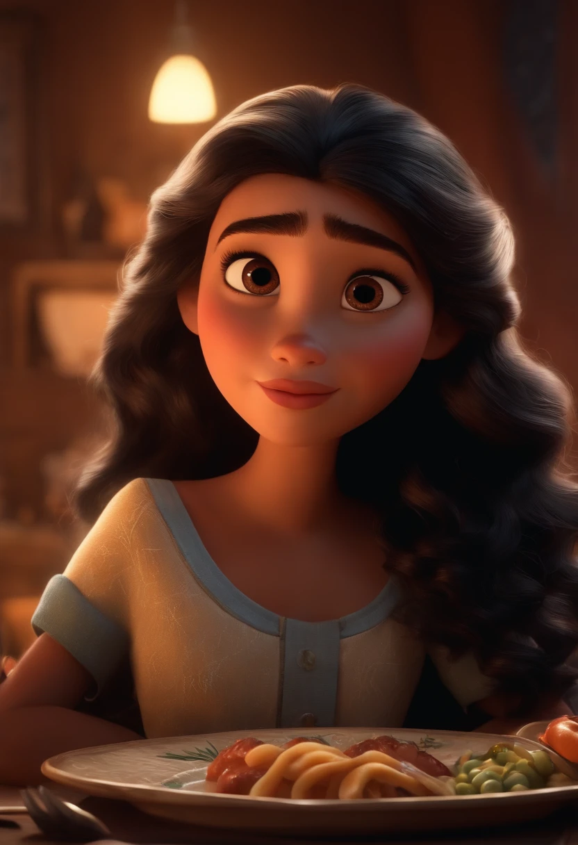 Um filme inspirado na Disney Pixar ( BRANCA JOVEM COM CABELO LONGO ONDULADO PRETO) dentro A cena estar na arte distinta do estilo PIXAR, descolada e estilosa