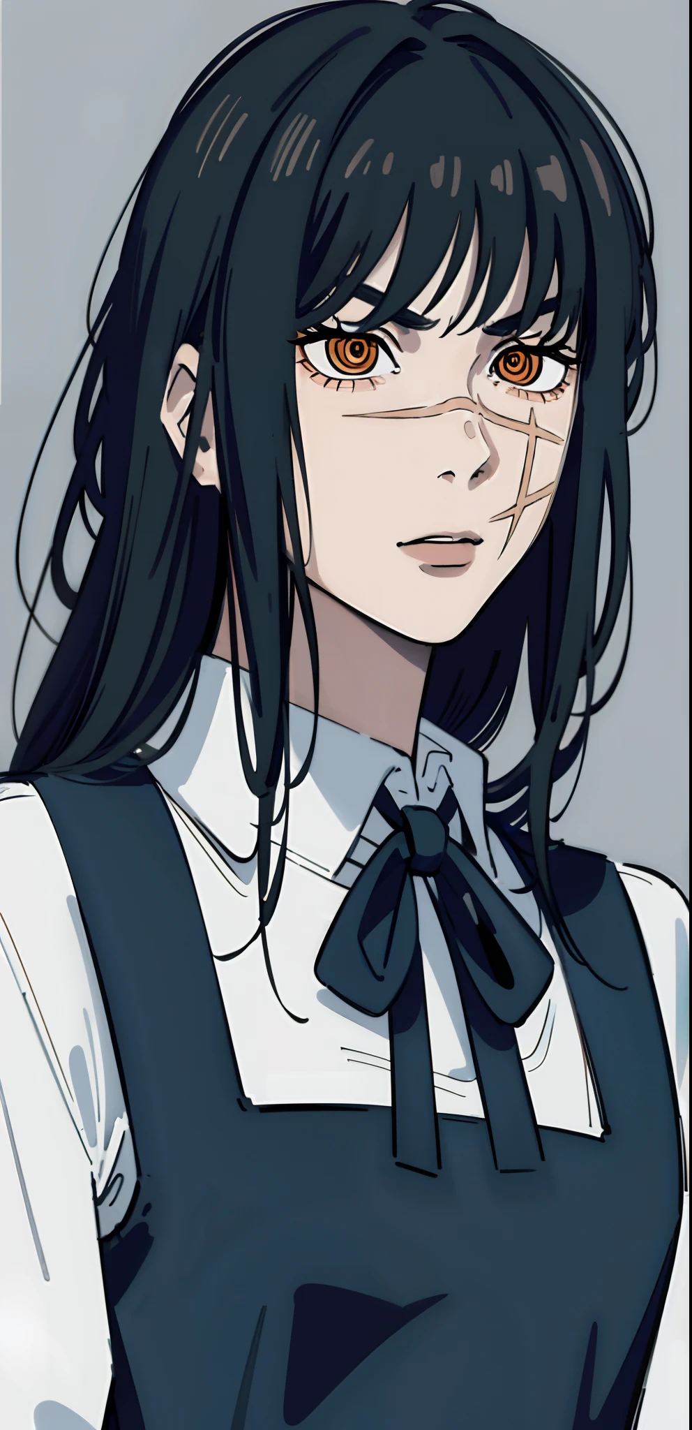 ((masterpiece, best quality)), (1girl), (solo), (female focus), yoru\(chainsaw man\),(very detailed face, real image, realistic white skin, realistic body, intricate details), upper body, focus on face, psycho face, psycho eyes, serious, black hair, long hair, intimidating look, pinafore dress, long sleeve shirt, neck ribbon, small breasts, holding sword
