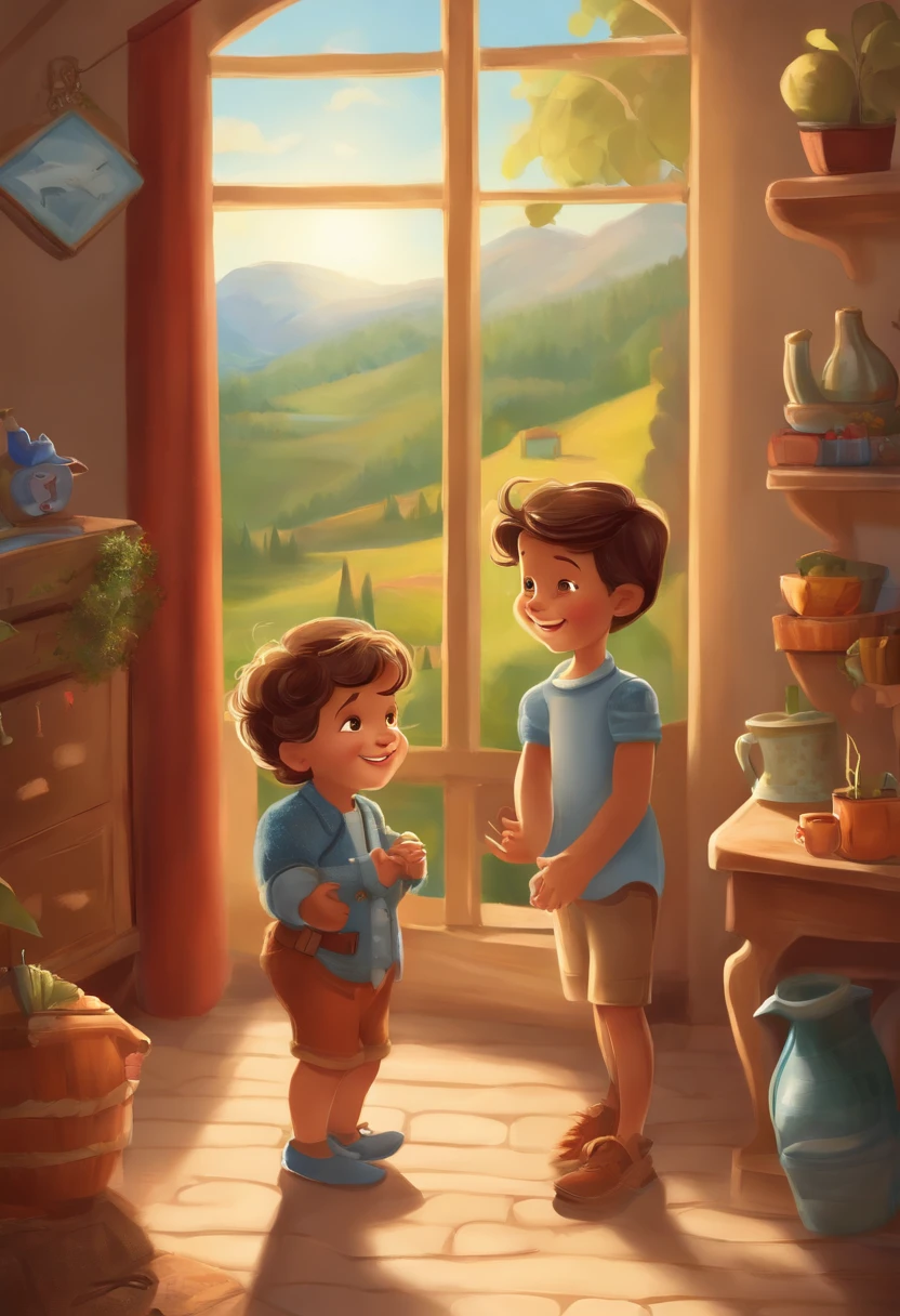 boy: Miguel, environ 5 ans, cheveux courts style Disney, yeux bruns et souriants. fille: Giovana, 2 ans, longs cheveux noirs et yeux bleus. scenario: Miguel and Giovana are in a cozy little house in the valley, In the background A sunny day, Mettre en valeur le soleil.