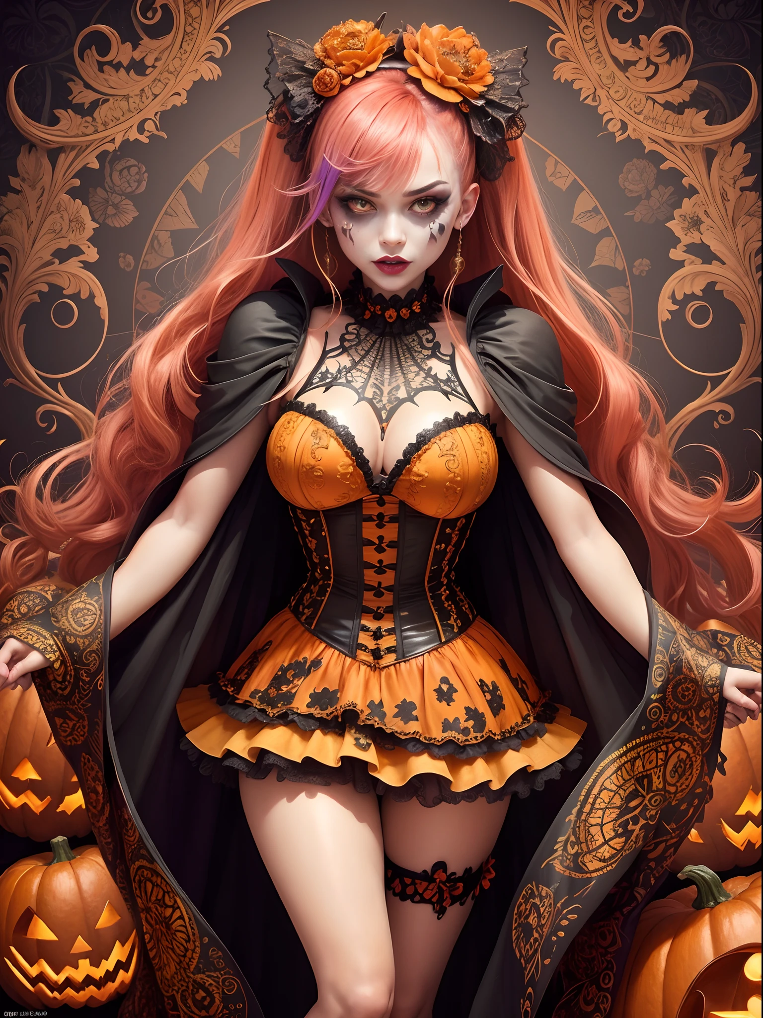 (masterpiece, top quality, best quality, official art, beautiful and aesthetic:1.2), (1girl:1.3), extremely detailed,(fractal art:1.1), (colorful:1.3), (20 years old), ((lots of halloween pumpkins around)), highest detailed,(zentangle:1.4), full body, (cloud halloween background), (shiny skin), (lots of halloween pumpkins), (super detailed anatomi), (super detailed face), (Halloween theme), (pumpkin skin skirt), (pumpkin skin), (pumpkin skin clothes), (into the big pumpkin), (scary joker beauty makeover), (most unique costume), (costume carnival),