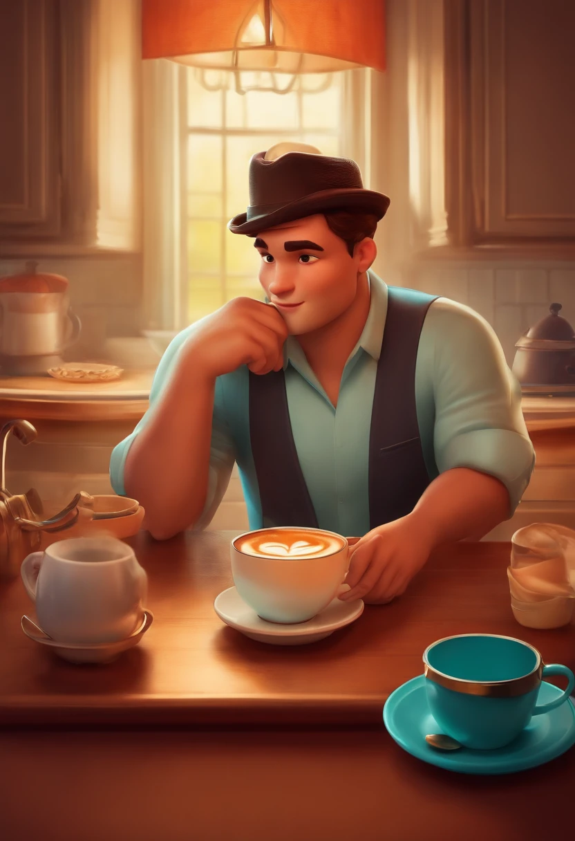 Um homem sorrindo estilo Disney Pixar, alta qualidade, Best Quality Drinking Your Coffee