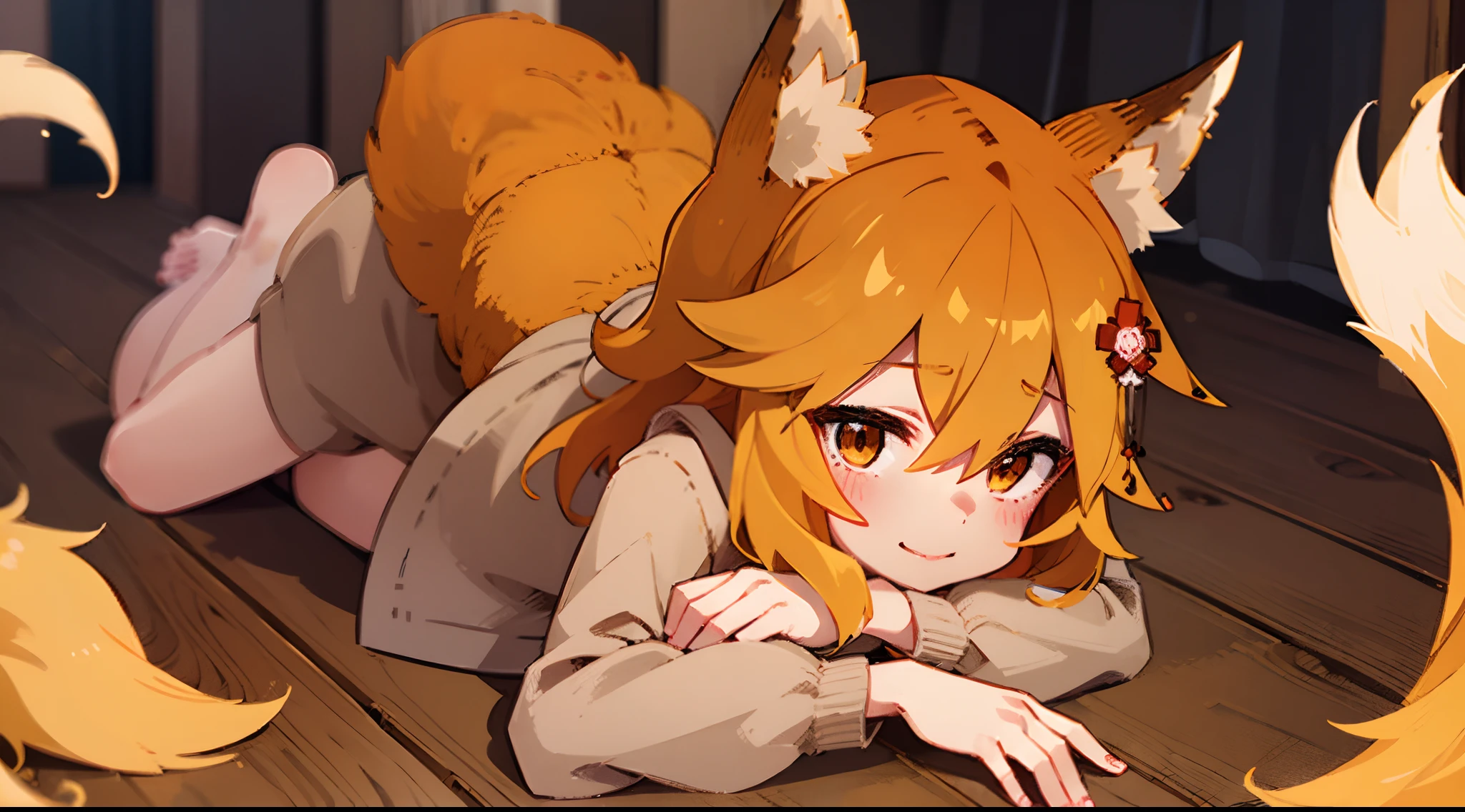 (masterpiece), 1girl, best quality, expressive eyes, perfect face, flat chest, grown up, erotic, posing, fox ears, hoody, oversized clothes, high resolution, high quality, fox ears, hair ornament, orange hair, Senko San, posing, smiling, embarrassed