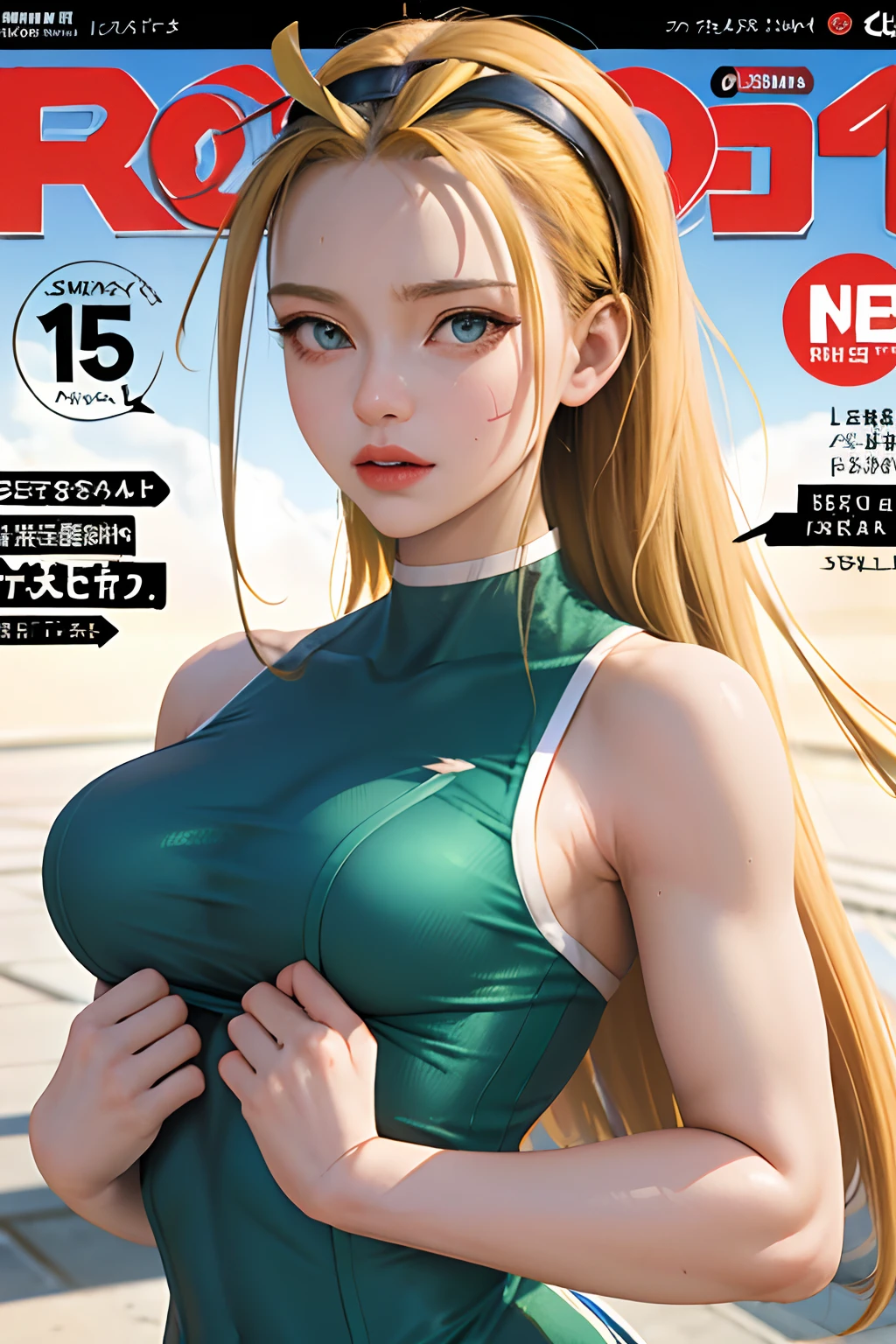 ((magazine cover)) masterpiece, best quality, spring outfit, colorful hair, outdoor, magazine cover ,upper body, ((Cammy)) Cammy of street fighter. good hands, big breast, sweat skin,