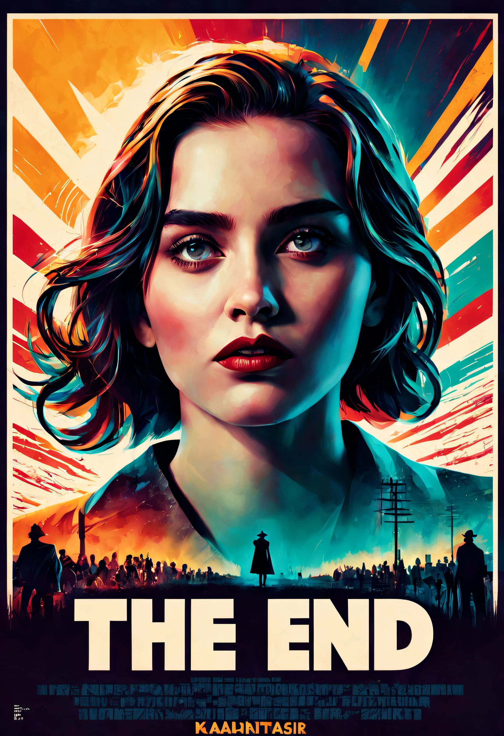 poster of the movie The End, title, and credits, highres, ultra-detailed, vivid colors, dramatic lighting, realistic, portraits, bokeh, cinematic, creative design, intense atmosphere, dark background, suspenseful, shadowy figures, melancholic tone, prominent typography, artistic composition, dynamic angles, contrasting colors, depth of field, striking visual effects, powerful emotions, haunting imagery, captivating visuals, atmospheric setting, theatrical, mysterious ambiance, skilled craftsmanship, authentic characters, intriguing narrative, professional artwork, captivating storyline, enigmatic expressions, cinematic style, thought-provoking symbolism, compelling poster design, iconic visuals, masterfully executed, visually stunning, visually engaging, attention-grabbing, memorable, reminiscent of classic film posters