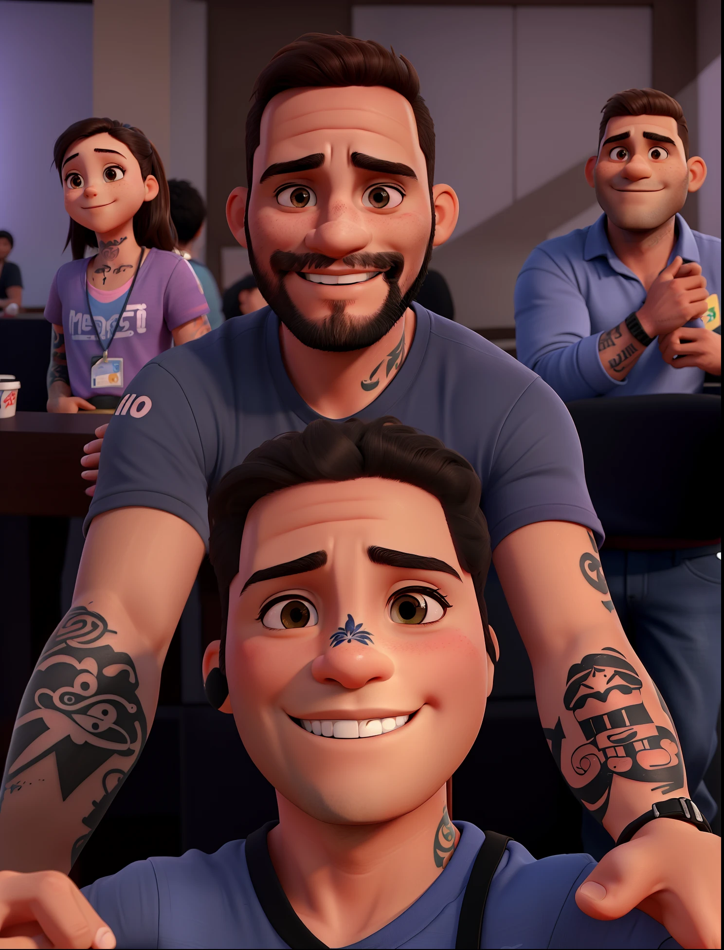 A 30-year-old father with a tattoo on his left arm and an -yeld dater girl, sentados em um evento de camiseta cinza, batendo uma selfie sorrindo no evento do mega HELP.