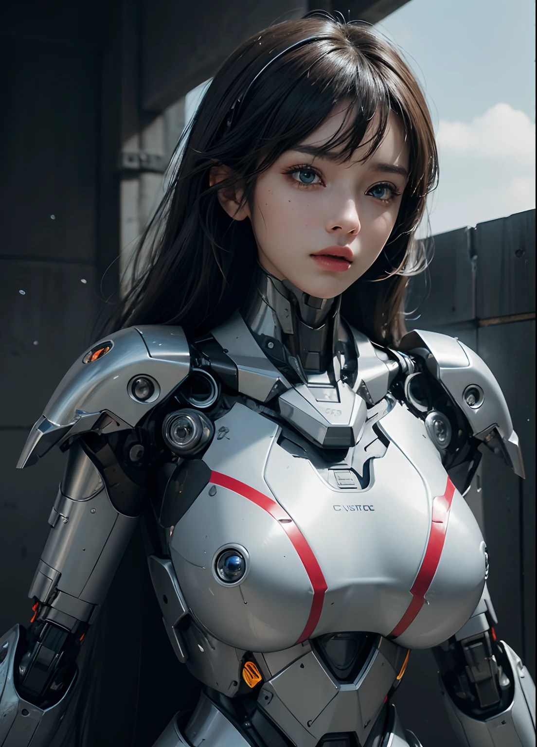 Textured skin, Super Detail, high details, High quality, Best Quality, hight resolution, 1080p, hard disk, Beautiful,(cyborgs),beautiful cyborg woman,Mecha Cyborg Girl,Battle Mode,Girl with a Mecha Body,Able to launch missiles from the chest,You can shoot a machine gun from both hands