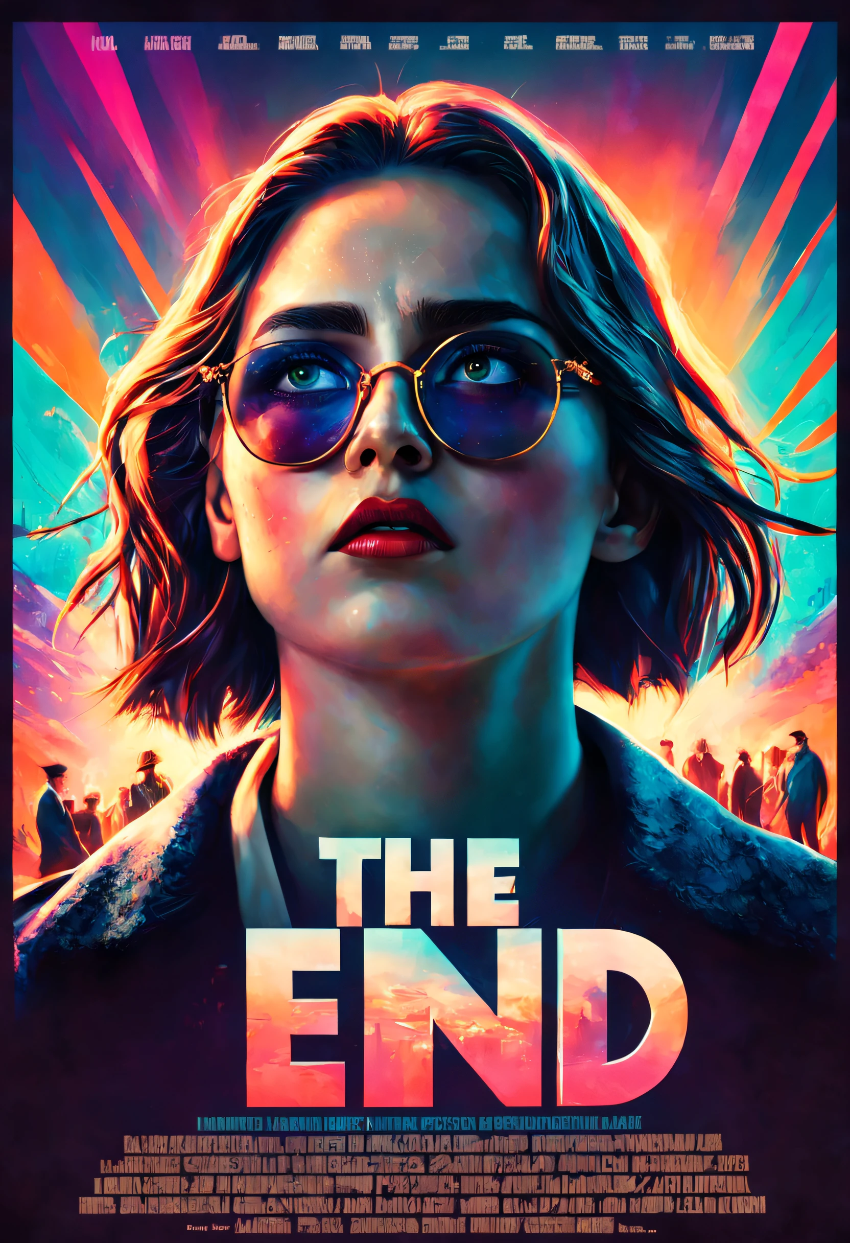 poster of the movie The End, title, and credits, highres, ultra-detailed, vivid colors, dramatic lighting, realistic, portraits, bokeh, cinematic, creative design, intense atmosphere, dark background, suspenseful, shadowy figures, melancholic tone, prominent typography, artistic composition, dynamic angles, contrasting colors, depth of field, striking visual effects, powerful emotions, haunting imagery, captivating visuals, atmospheric setting, theatrical, mysterious ambiance, skilled craftsmanship, authentic characters, intriguing narrative, professional artwork, captivating storyline, enigmatic expressions, cinematic style, thought-provoking symbolism, compelling poster design, iconic visuals, masterfully executed, visually stunning, visually engaging, attention-grabbing, memorable, reminiscent of classic film posters