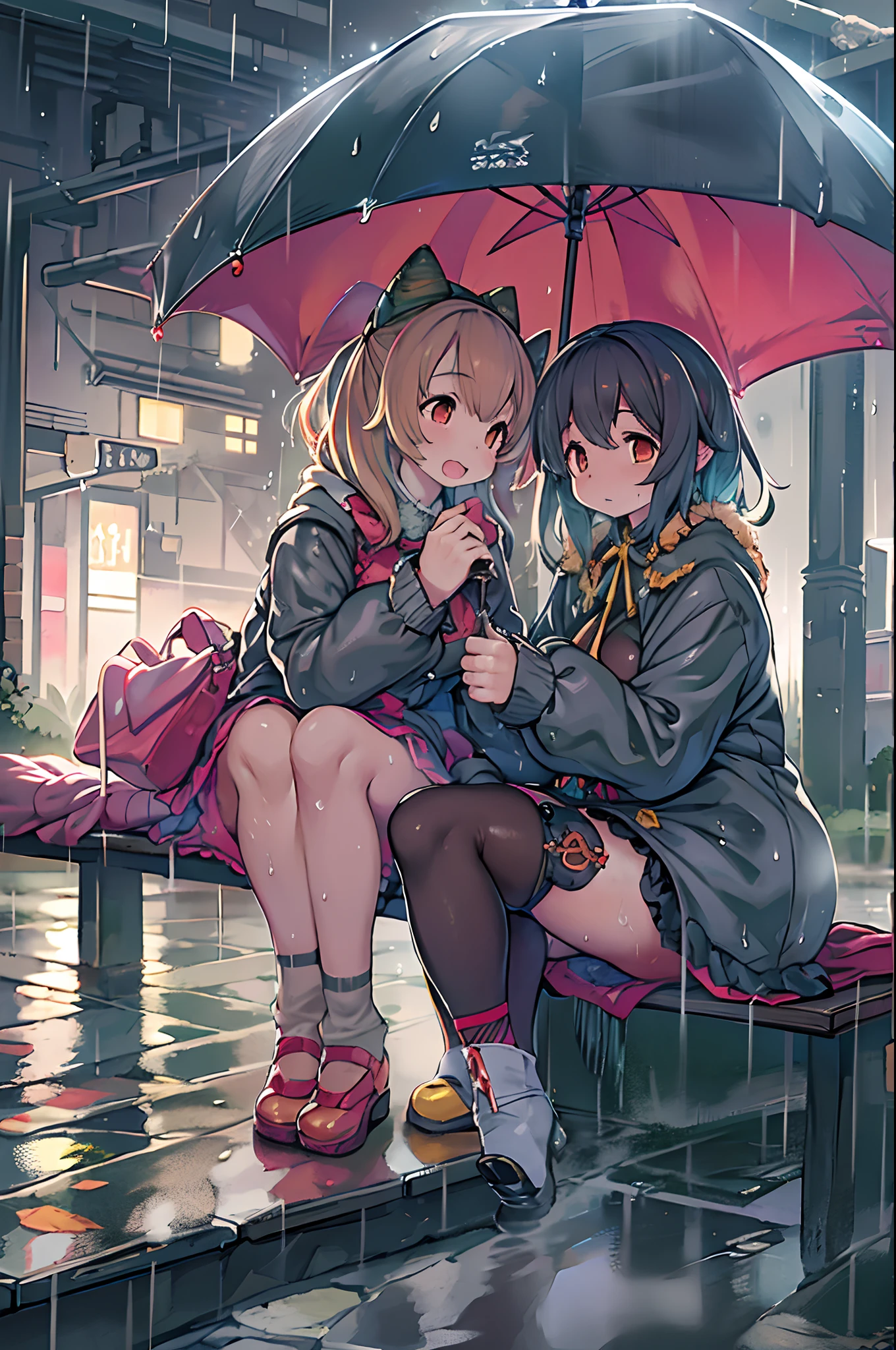 Two girls,under the rain、Anime characters sitting on a bench under an umbrella, Sateen!, Sateen!!, Kantai Collection Style, Sateen!!!, after rain and no girl, kawacy, anime style 4 k, In the rain, It's raining outside, anime moe art style, under rain, Cute art style, rainy day, Trending on ArtStation pixiv, official artwork,red blush、lesbian