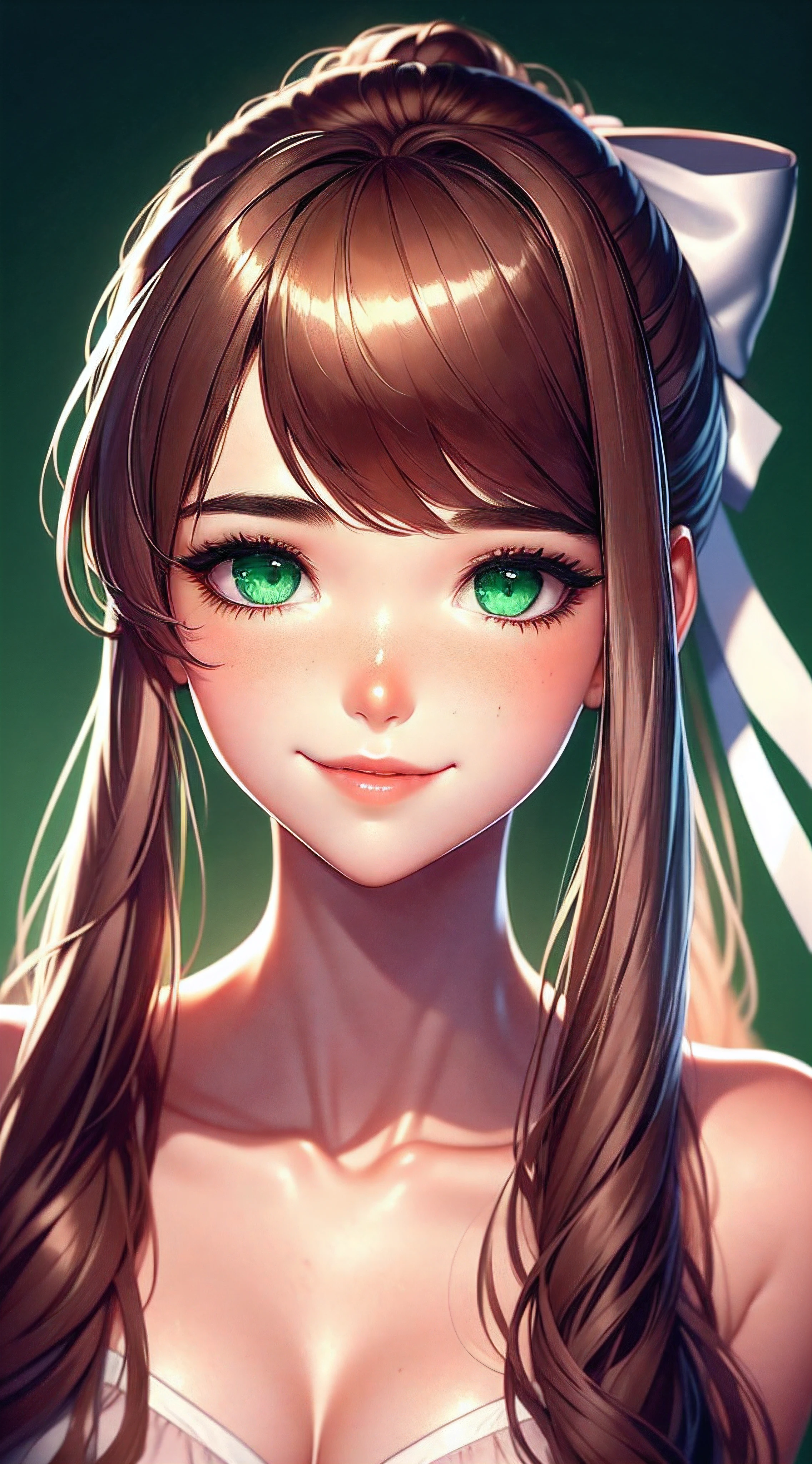 Monika, confident and welcoming expression, thin rosy lips forming a gentle smile, oval face with prominent cheekbones, small and straight nose, well-defined eyebrows, side-swept bangs brushing the forehead, large white ribbon tied into a bow on the right side of the head, long brown hair with slightly wavy ends, bright emerald green eyes