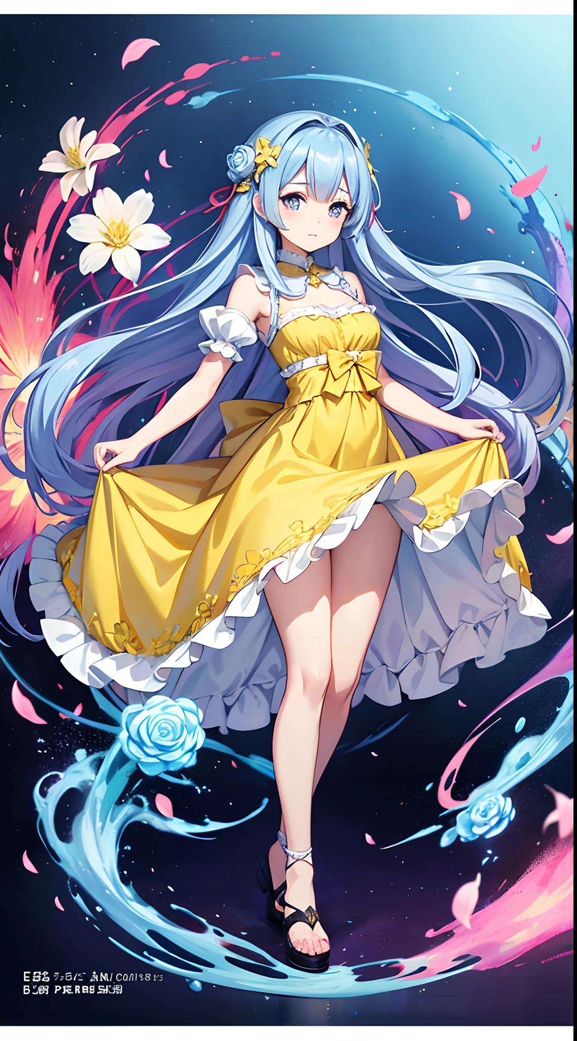 Anime girl in yellow dress with flowers, Light blue long hair、Twin-tailed、Cute anime waifu in a nice dress, loli in dress, rem rezero, offcial art, Anime princess, Lori, beatrice blue, zerochan art, royal elegant pose, official artwork, splash art anime loli, Pisif, Kushatt Krenz Key Art Women, detailed fan art, Beautiful teenage girl