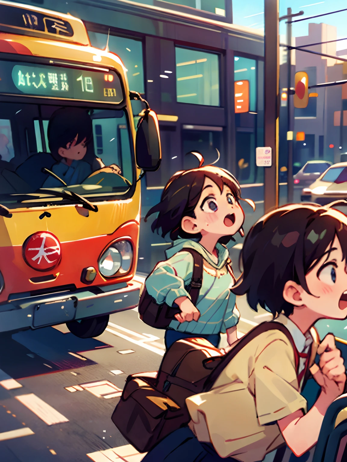 A bus stopped and two people singing