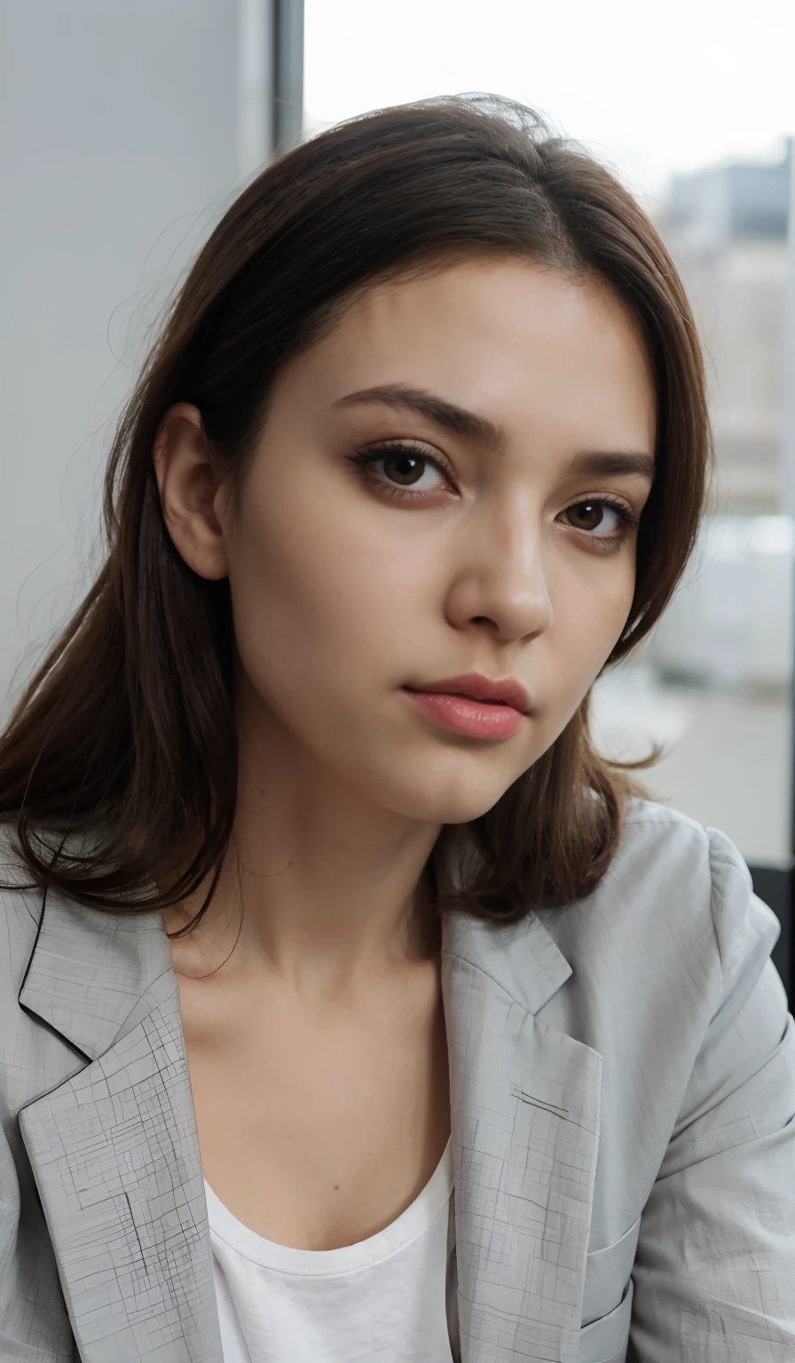 masterpiece,best quality, (1 milf), ((close up:0.5)), ((cross arms)), glare, gray blazer, white shirt, double eyelid, eyelash, lip gloss, (suspicion face:1), ((close eyes:0.85)), ((Looking at Viewer)), RAW, (from below:1), ((nobody)), office,