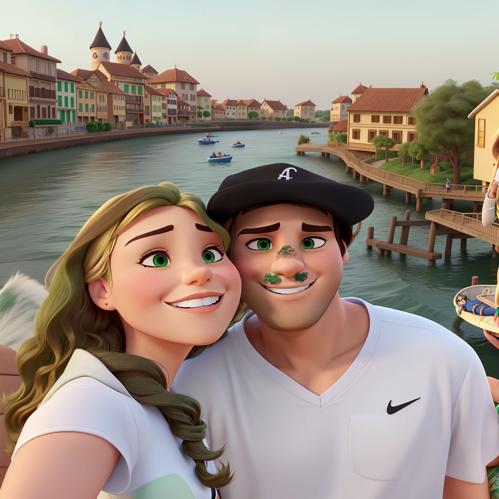 Casal estilo disney pixar melhor qualidade alta qualidade. Brunette man short hair and black cap and blonde woman green eyes long wavy hair.