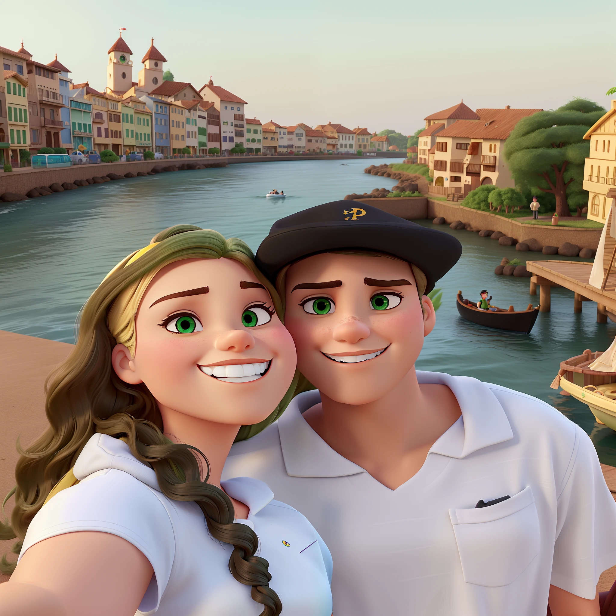 Casal estilo disney pixar melhor qualidade alta qualidade. Brunette man short hair and black cap and blonde woman green eyes long wavy hair.