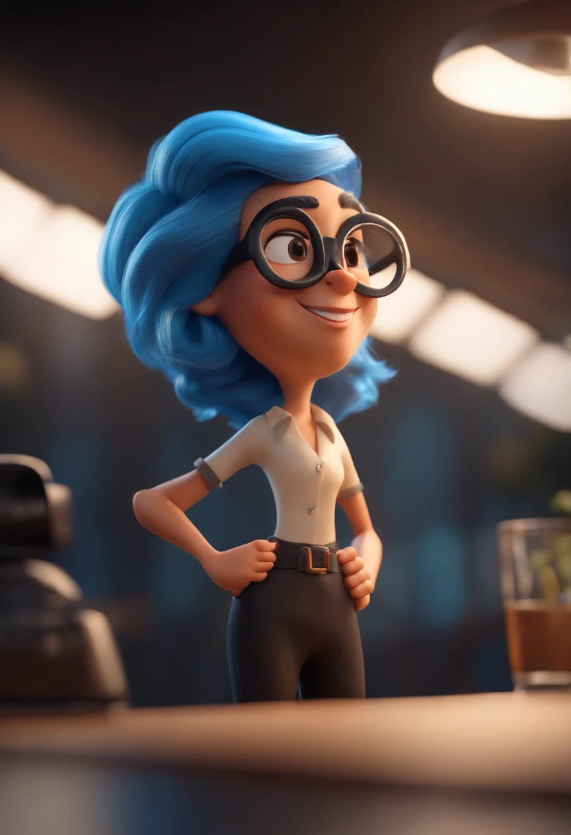Cartoon character of a man wearing black glasses and a blue shirt, um personagem animado, Caractere estilizado, animation style rendering, 3D estilizado, Arnold Maya render, 3 d render stylized, toon render keyshot, Personagem 3D, Personagem 3D, 3d rendering stylized, 3 d character render, personagem de desenho animado, Personagem de close up, Pose de personagem, (Estilo Pixar) (master part:1.2) (Bokeh) (best quality) (pele detalhada) (textura detalhada) (8k) (argila) (Cinematic lighting) (foco nítido,Senta e vaza a parte superior do corpo