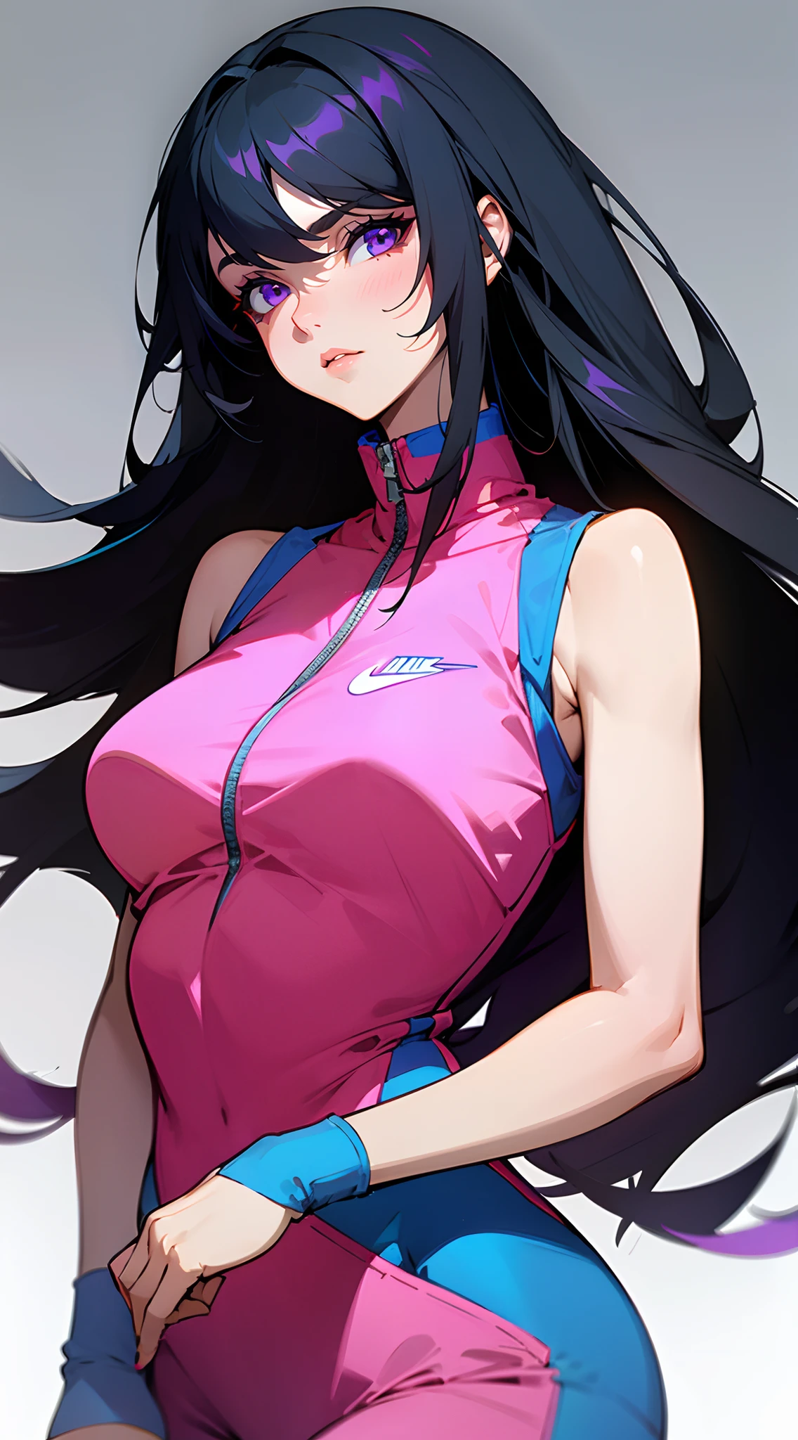 Stunning woman , extremely long hair , black hair , bangs , straight her , purple eyes , heavy eyeliner , peach lipstick, large chest , age 31
Wearing a Nike tracksuit, bright colors , model , fashion ad , plain background, mid shot , sleeveless ,
(masterpiece, best quality )detailed, 1Character , pastel washed out colors , cell shade , soft, muted shades ,gentle colors ,