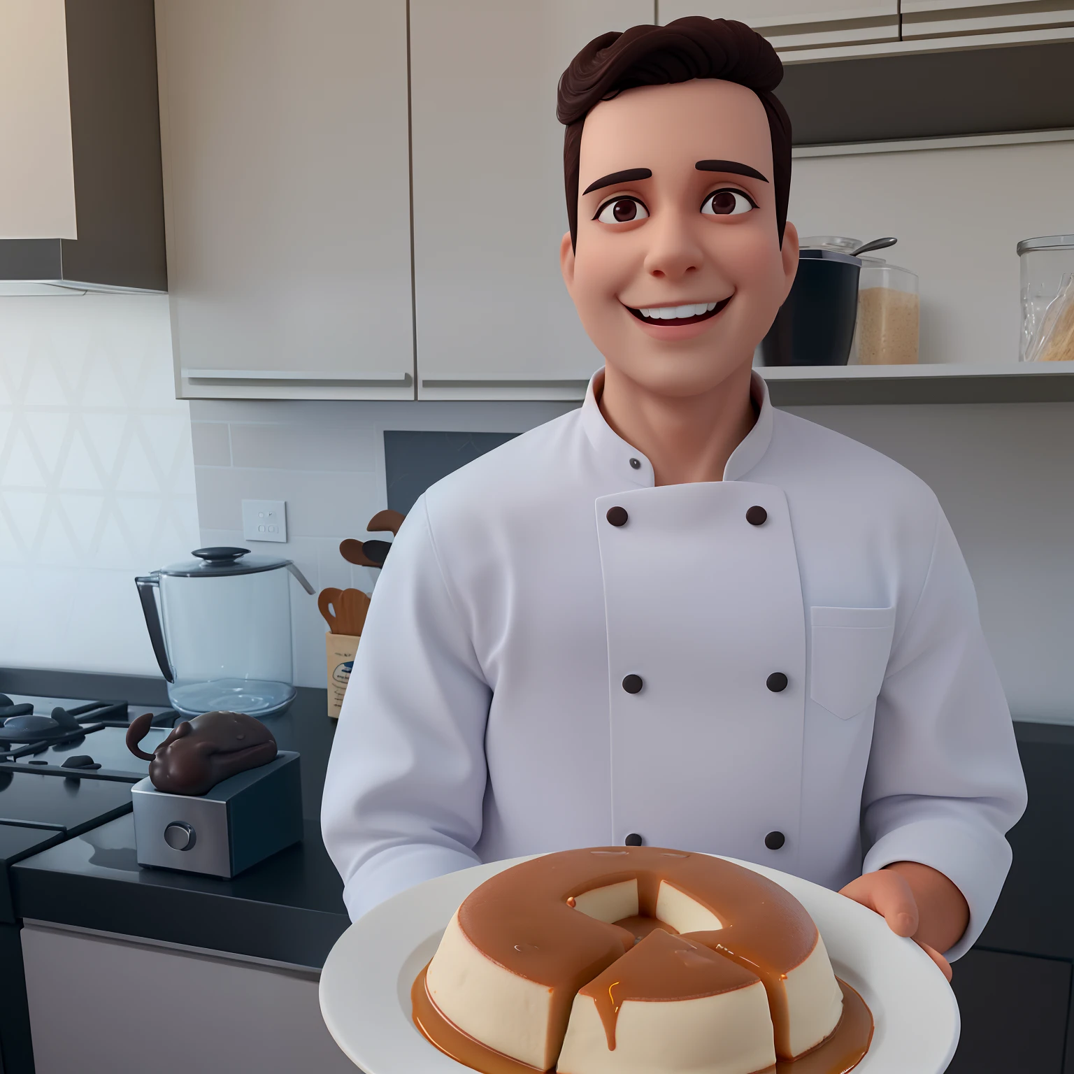 A young man stands in his kitchen，com um sorriso no rosto，Holding a plate of toffee pudding in my hand，Close-up detalhado do rosto e no fundo cozinha,  no estilo disney pixar, best quality, master part, super detalhe, detalhes altos