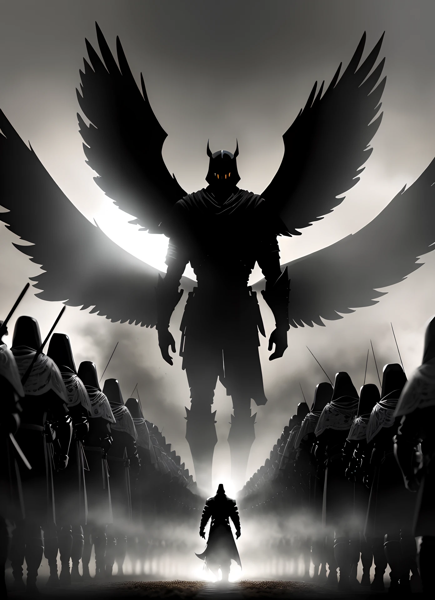 Dark figure facing away leading an army of soldiers towards a glowing knight with wings