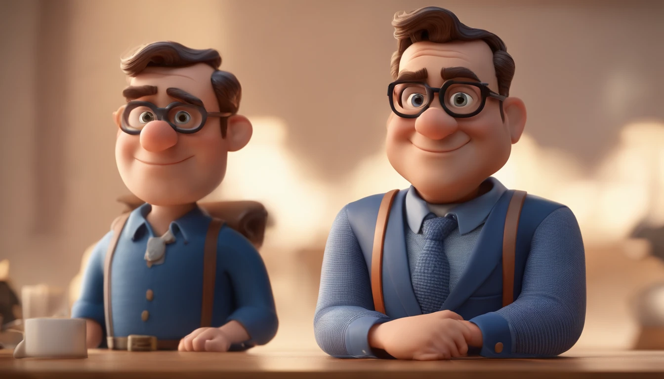 Cartoon character of a chubby man with black glasses and a blue shirt, Slight smile on lips, pouco cabelo, animation character, Caractere estilizado, animation style rendering, 3D estilizado, Arnold Maya render, 3 d render stylized, toon render keyshot, Personagem 3D, Personagem 3D, 3d rendering stylized, 3 d character render, personagem de desenho animado, Personagem de close up, Pose de personagem, (Estilo Pixar) (master part:1.2) (Bokeh) (best quality) (pele detalhada) (textura detalhada) (8k) (argila) (Cinematic lighting) (foco nítido