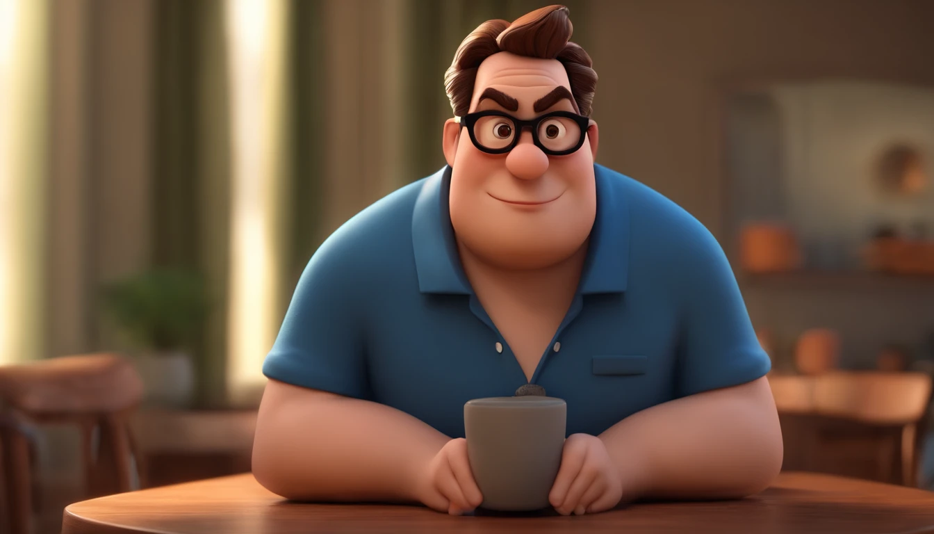 Cartoon character of a chubby man with black glasses and a blue shirt, Slight smile on lips, pouco cabelo, animation character, Caractere estilizado, animation style rendering, 3D estilizado, Arnold Maya render, 3 d render stylized, toon render keyshot, Personagem 3D, Personagem 3D, 3d rendering stylized, 3 d character render, personagem de desenho animado, Personagem de close up, Pose de personagem, (Estilo Pixar) (master part:1.2) (Bokeh) (best quality) (pele detalhada) (textura detalhada) (8k) (argila) (Cinematic lighting) (foco nítido