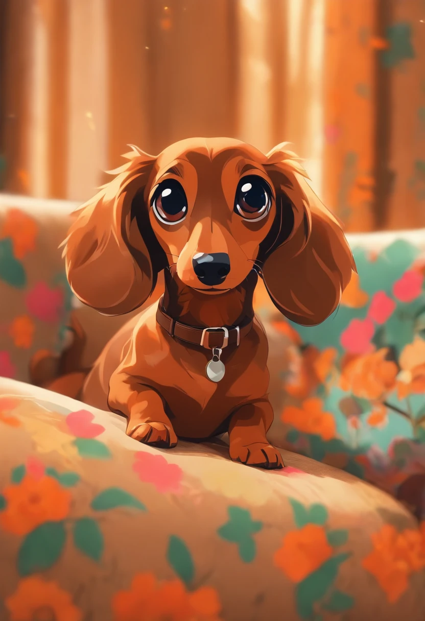 (the whole body is brown:1.8),Brown miniature dachshund,on a couch,Looking at the camera,(Shake your head:1.5),biologically correct
