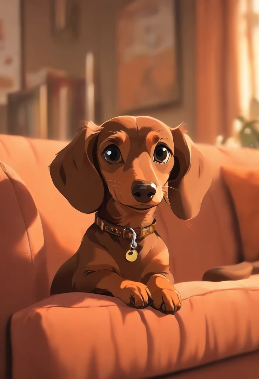 (the whole body is brown:1.8),Brown miniature dachshund,on a couch,Looking at the camera,(Shake your head:1.5),biologically correct