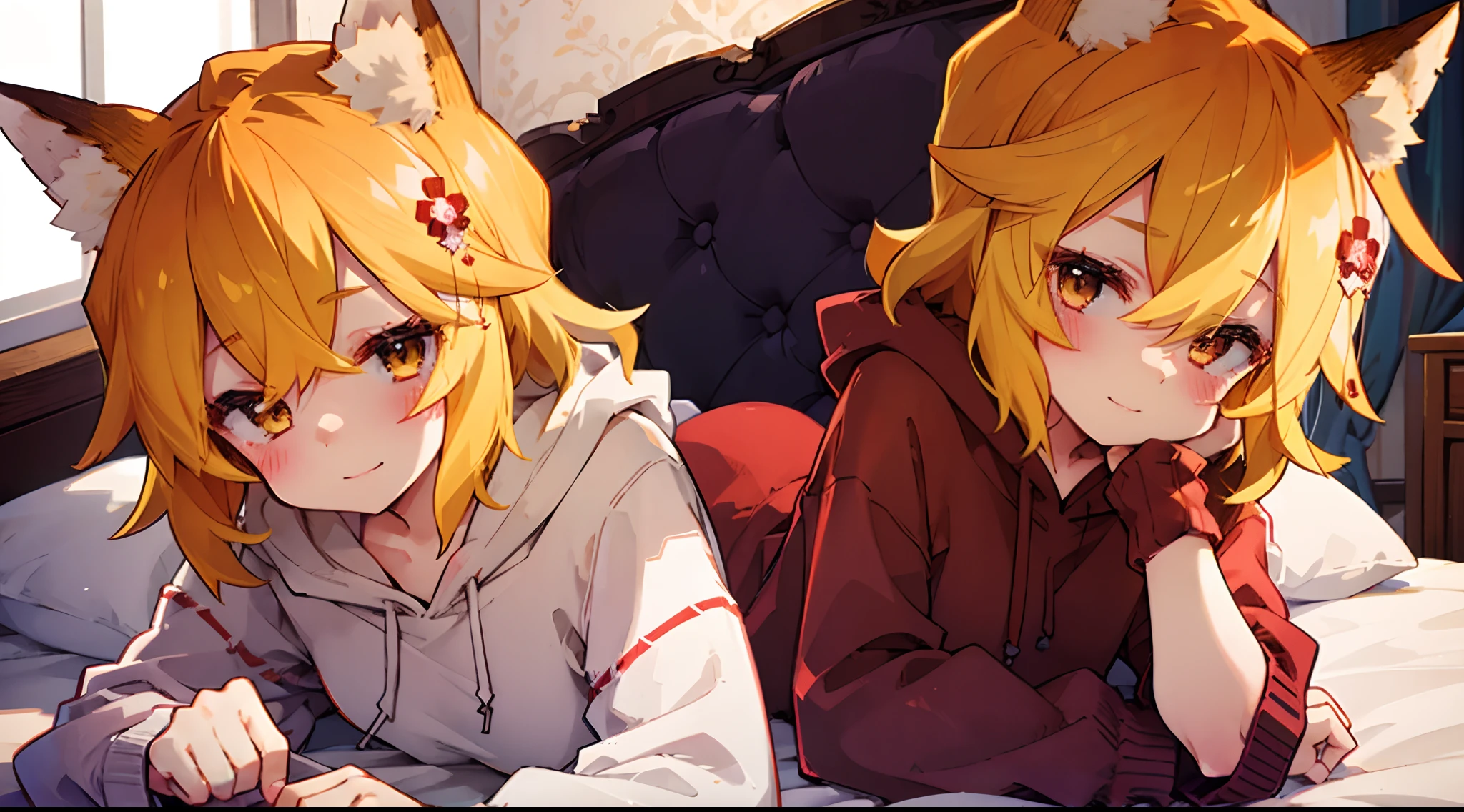 (masterpiece), 1girl, best quality, expressive eyes, perfect face, flat chest, grown up, erotic, posing, fox ears, hoody, oversized clothes, high resolution, high quality, fox ears, posing, smiling, embarrassed