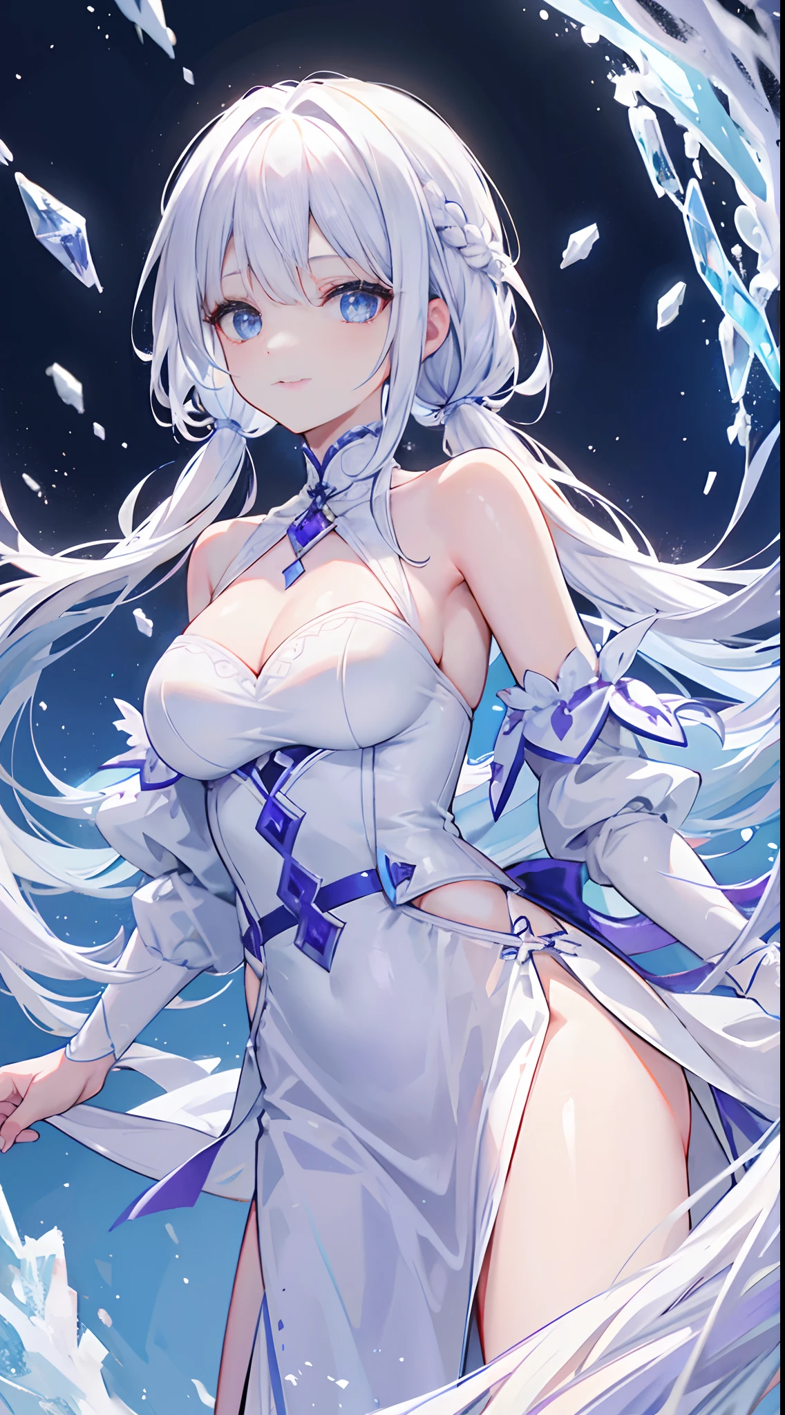 Long snow-white hair,Braided with 4 ponytails,Three tiny ones on the right,The one on the left is on the larger side。
nature,Can turn amethyst in the back,High cold beauty,But it's especially sticky to the main character,Ice and snow control
Long snow-white hair,Crystal blue eyes,Long blue off-the-shoulder dress,White lace,Hands on the skirt of the hem,light grin,Frozen,ice magic