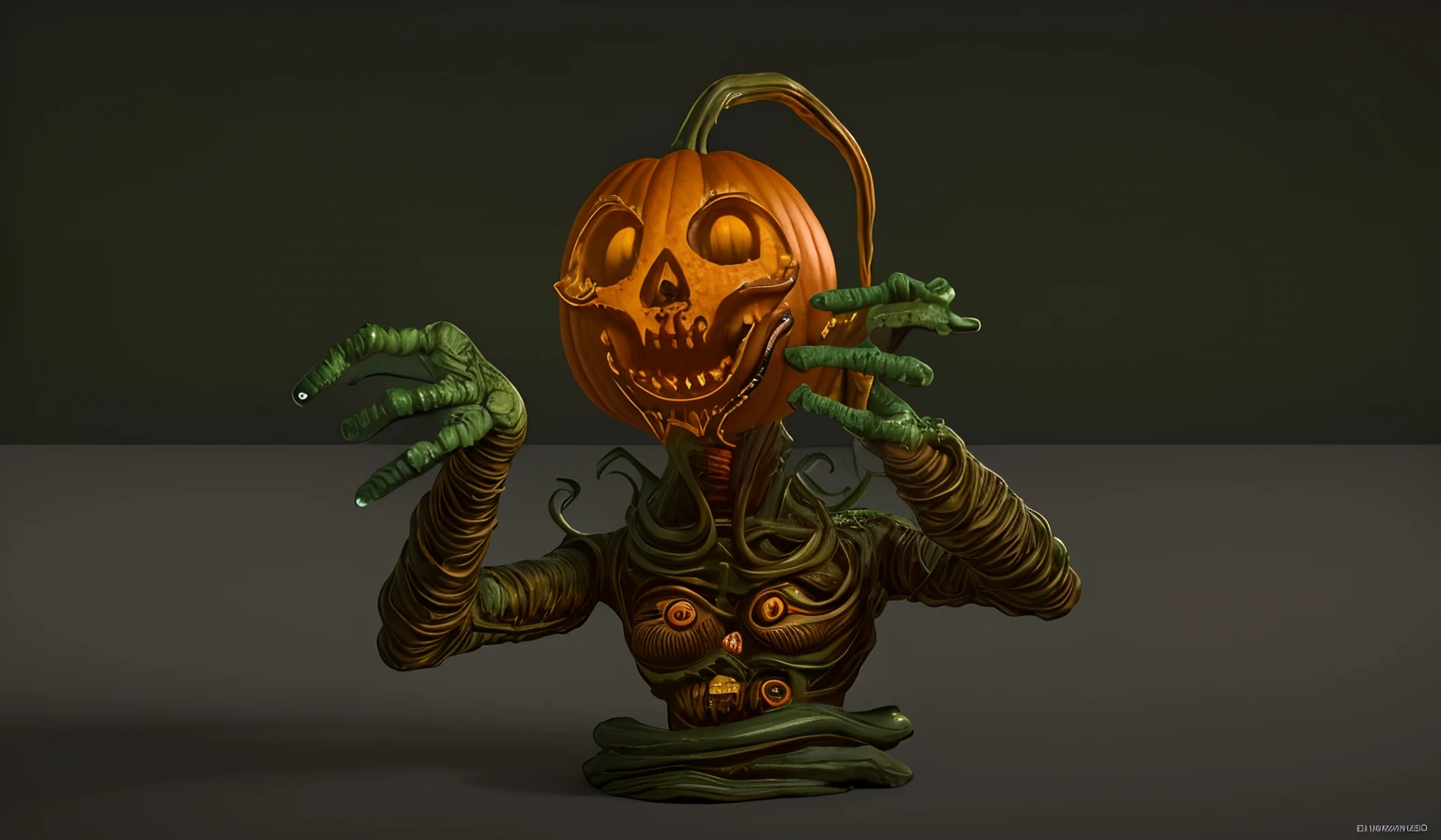Creepy-looking creature with outstretched arms Pumpkin head with green appendage on its head, Bust of the creature, Rendered in Zbrush, Horror!! Highly detailed, nightmare render, eldritch, A highly detailed;, Mummy with a pumpkin on his head, Volumetric light, Color picture