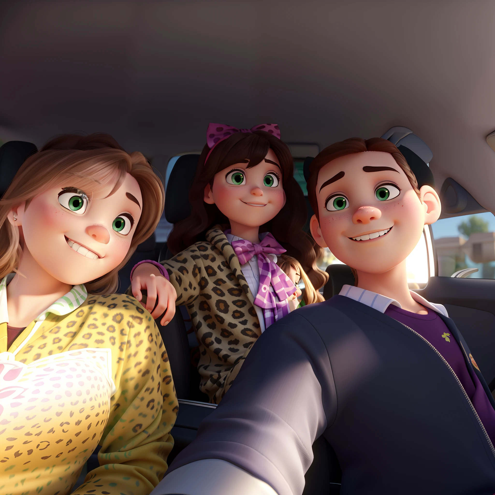a Disney Pixar movie poster showing a white-skinned family. The father is the tallest, tem olhos verdes, barba curta, cabelos curtos e espinhosos. The mother has green eyes and brown hair, shoulder-length and is slightly overweight. A tem 6 anos, Tem olhos e cabelos castanhos, Leopard print trousseau with pink bow on the head. They're taking a selfie in the car. 3D-rendering