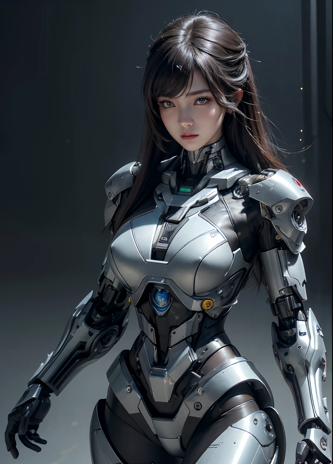 Textured skin, Super Detail, high details, High quality, Best Quality, hight resolution, 1080p, hard disk, Beautiful,(cyborgs),beautiful cyborg woman,Mecha Cyborg Girl,Battle Mode,Girl with a Mecha Body,Able to launch missiles from the chest,You can shoot a machine gun from both hands