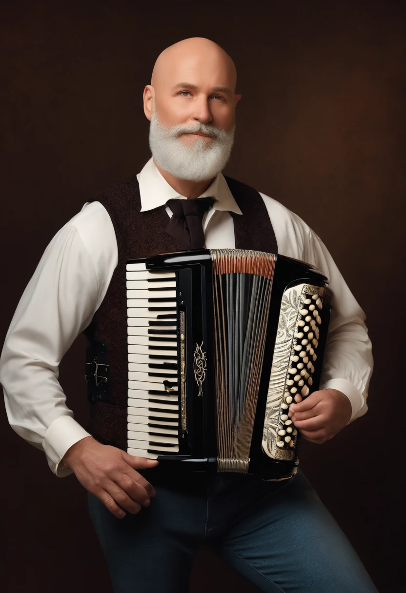 A tall, bald white man with a beard only on his chin playing a Disney Pixar style accordion