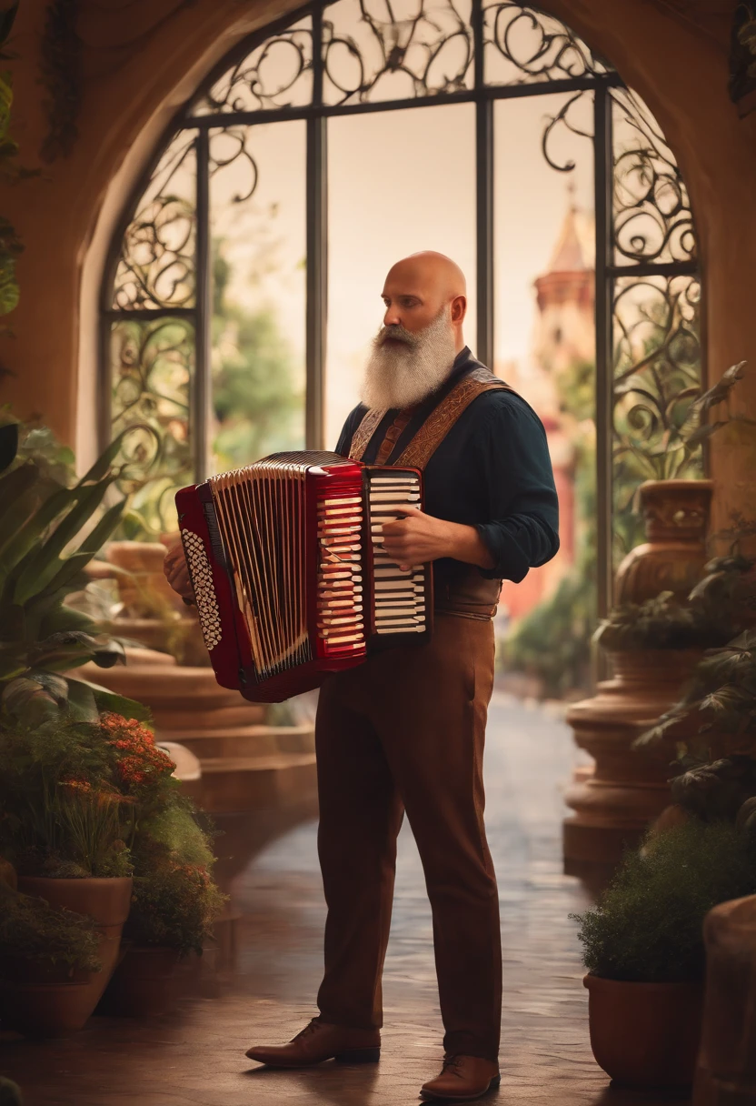 A tall, bald white man with a beard only on his chin playing a Disney Pixar style accordion