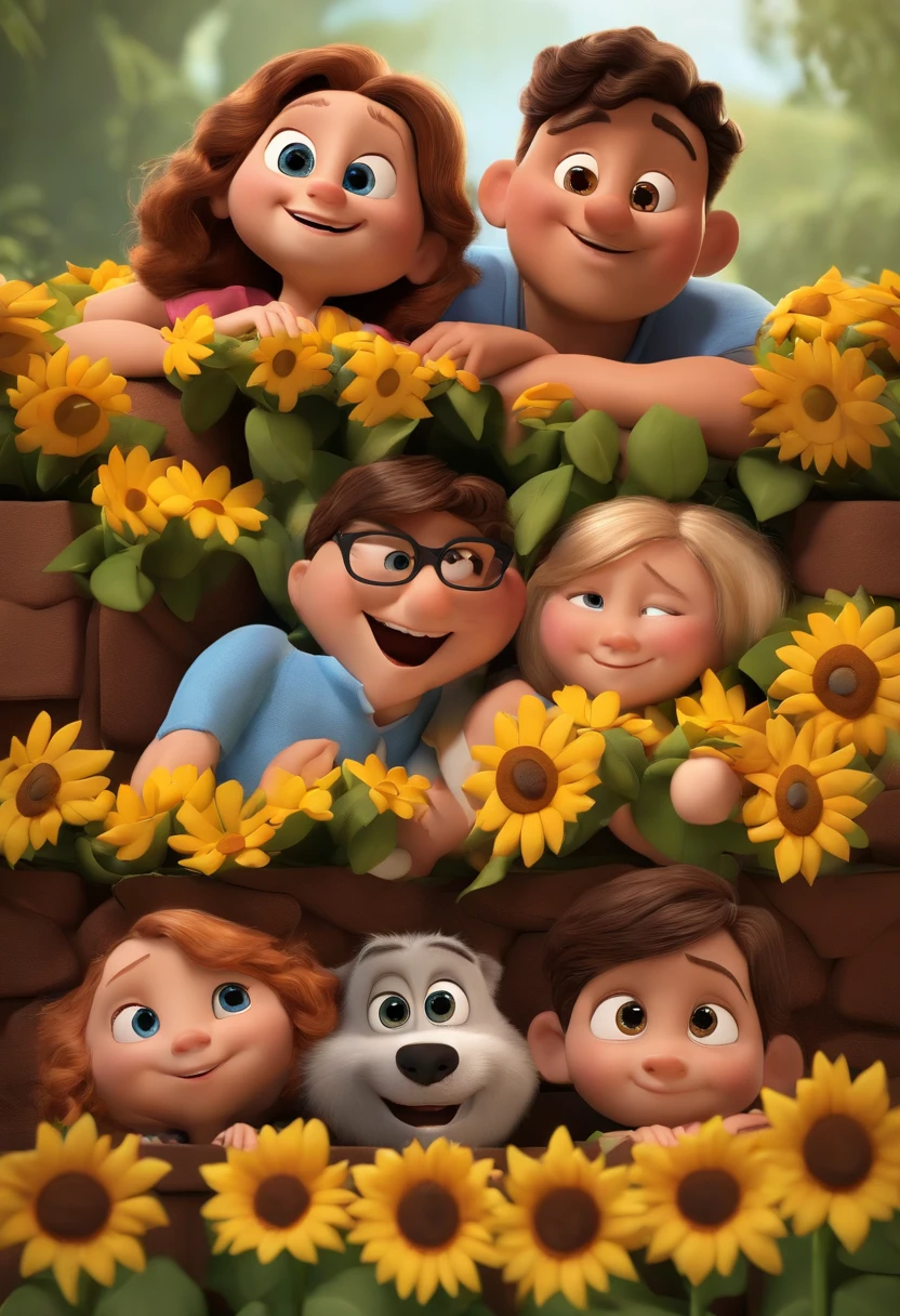 Create a Disney PIXAR-style 3D poster. ((centro da imagem, a family with the couple and 4 children)), ((4 children)) ((1 menina no meio e 3 meninos ao lado, They're hugging each other, a menina tem 13 anos pele clara e cabelos castanhos escuros e olhos castanhos escuros, 1 menino tem 11 anos pele clara, olhos e cabelos escuros, e o outro menino tem 16 anos pele clara, olhos escuros e cabelos escuros e lisos, um menino tem 3 anos loiro)) ((tudo isso no estilo Disney PIXAR 3D, In the background, a house of sunflowers and other colorful flowers, Gloria Studio, The garden is full of nature 3D render RTX clay material, estilo de design cartunesco, POP Mart, soft lighting, linhas suaves, Spring tilt, Detailed illustrations of PIXAR 3D, Detalhes hiper-realistas, cor quente no estilo Disney PIXAR 3D))